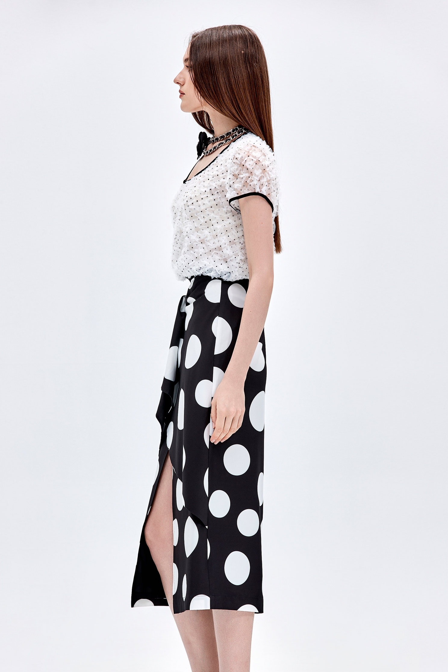 Ruffle Mesh Top With Contrast RibRuffle Mesh Top With Contrast Rib,Tops,Season (AW) Look,Back To Classic,Back To B/W