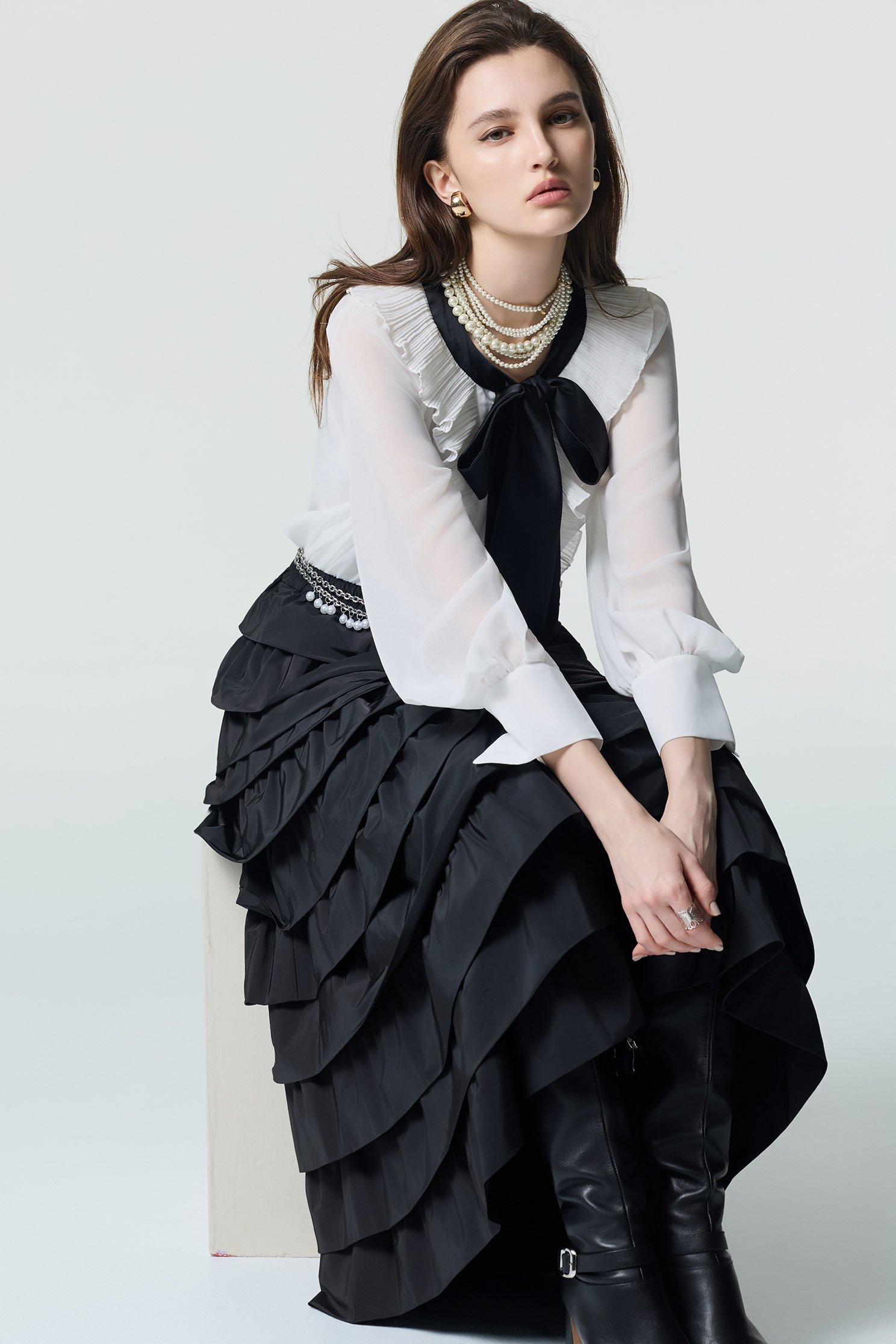 Pleated Ruffle Detail Blouse With Contrast Bow DetailPleated Ruffle Detail Blouse With Contrast Bow Detail,Tops,Under shirts,Season (AW) Look,sleeveless tops,Chiffon