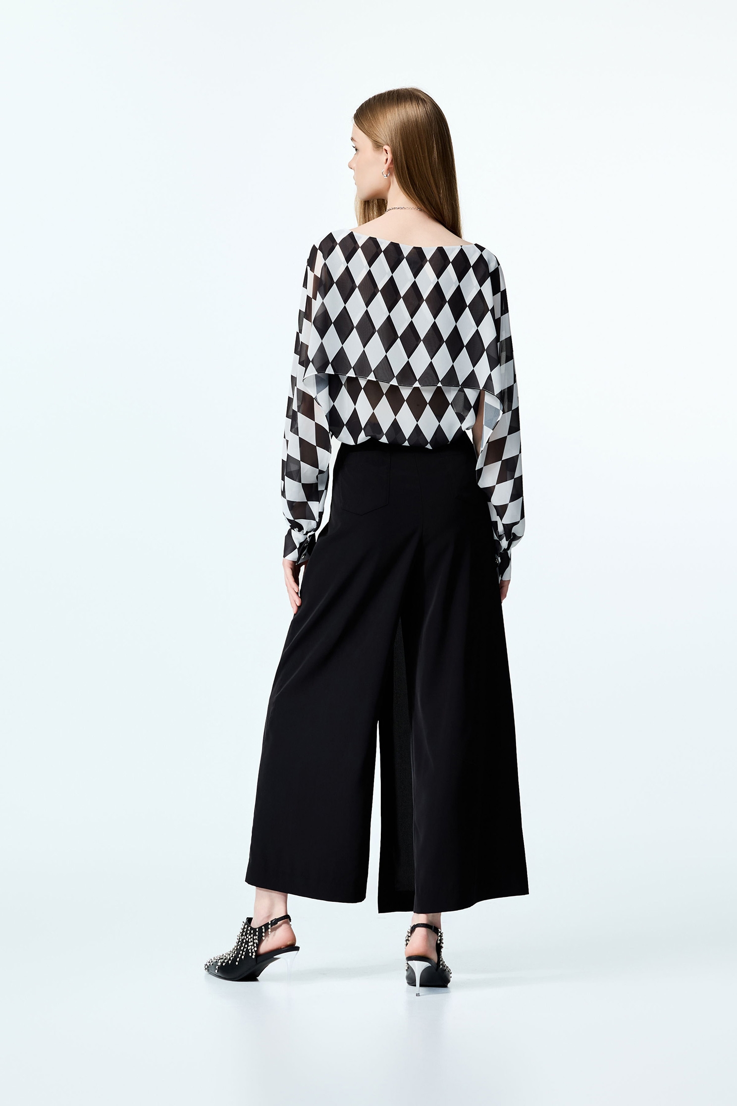 Black White Diamond Print Chiffon Cape BlouseBlack White Diamond Print Chiffon Cape Blouse,Tops,Plaid,Season (AW) Look,Chiffon