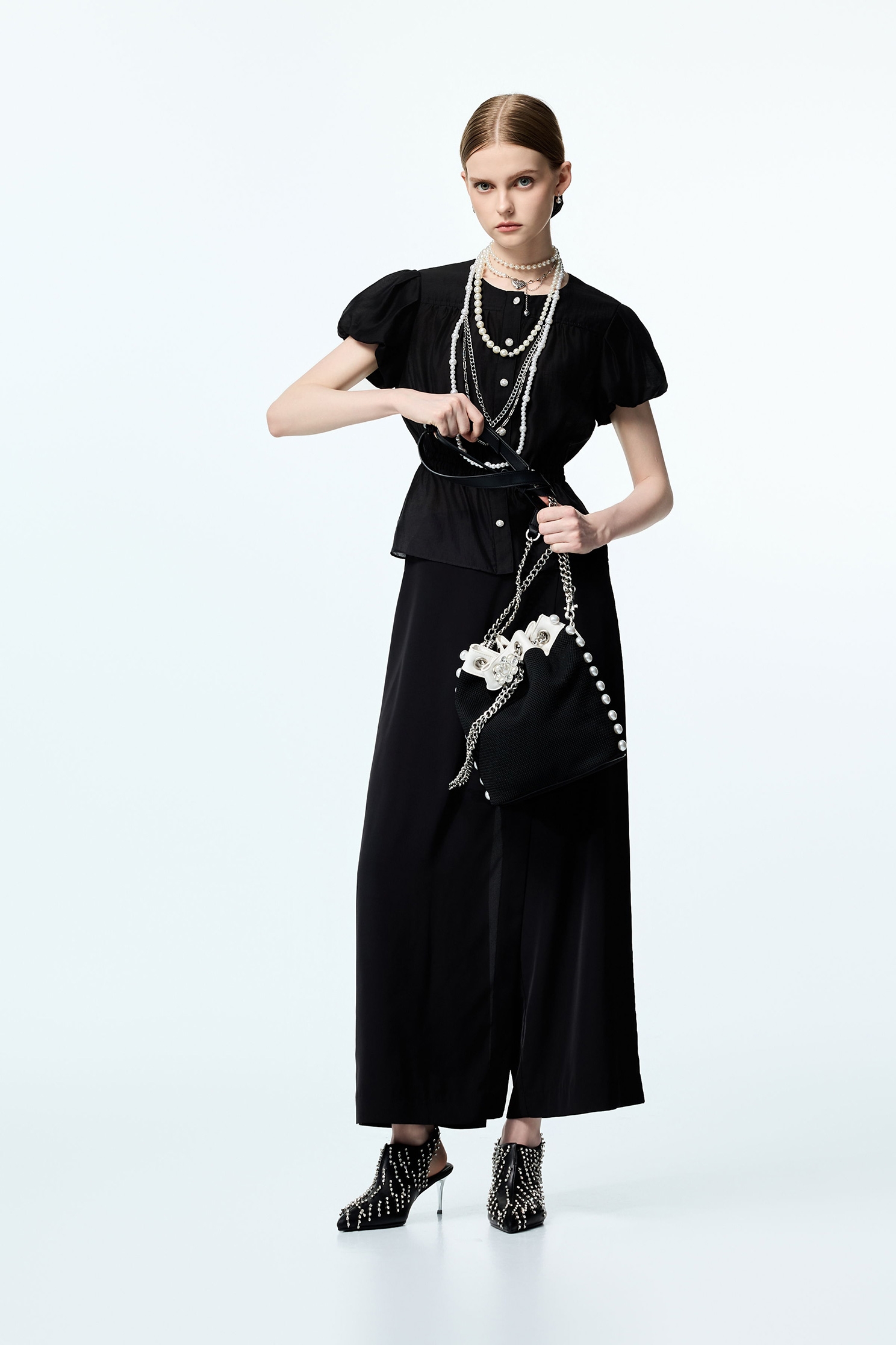 Button Front Puff Sleeve TopButton Front Puff Sleeve Top,Tops,pearl,Season (AW) Look,black tops