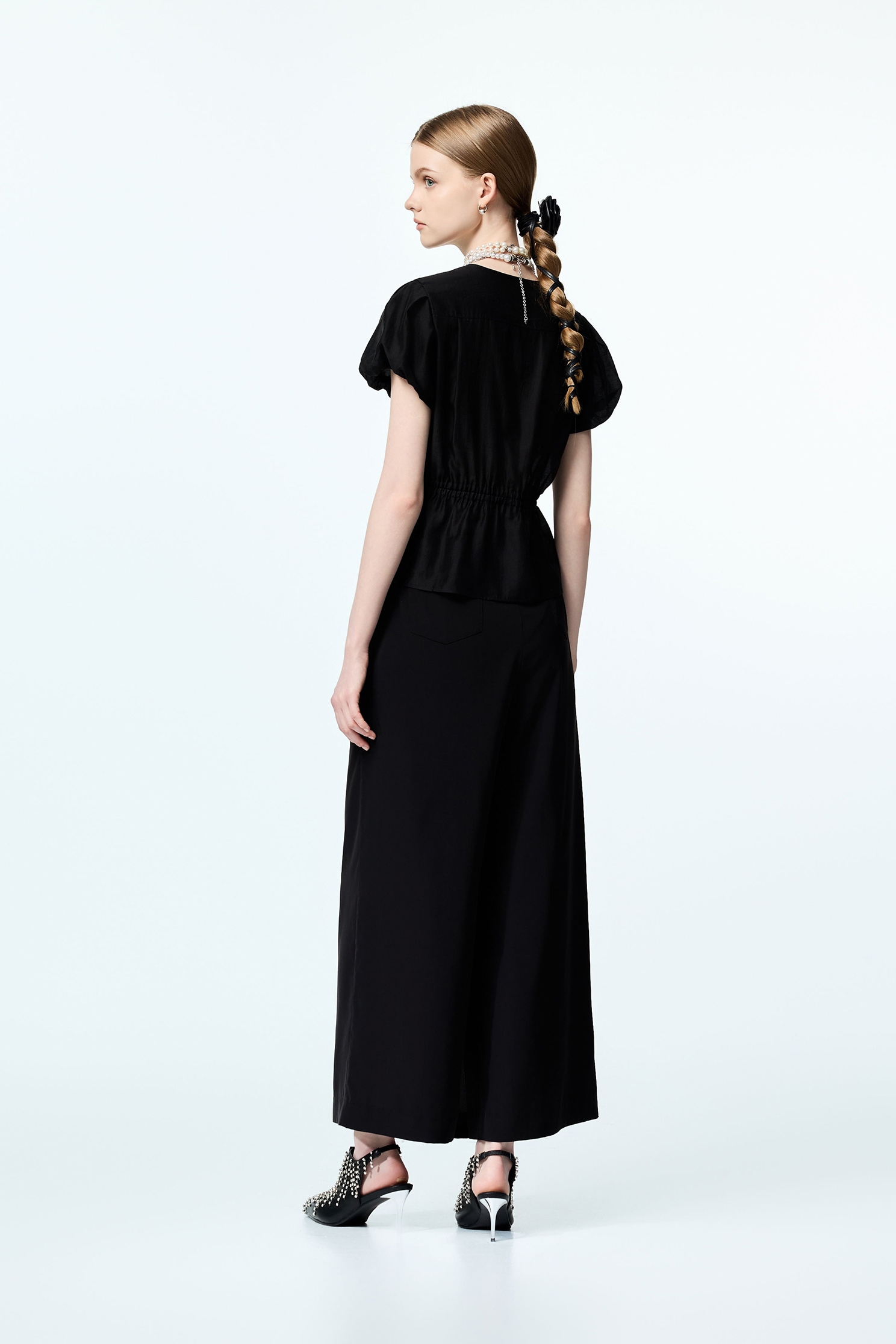 Button Front Puff Sleeve TopButton Front Puff Sleeve Top,Tops,pearl,Season (AW) Look,black tops