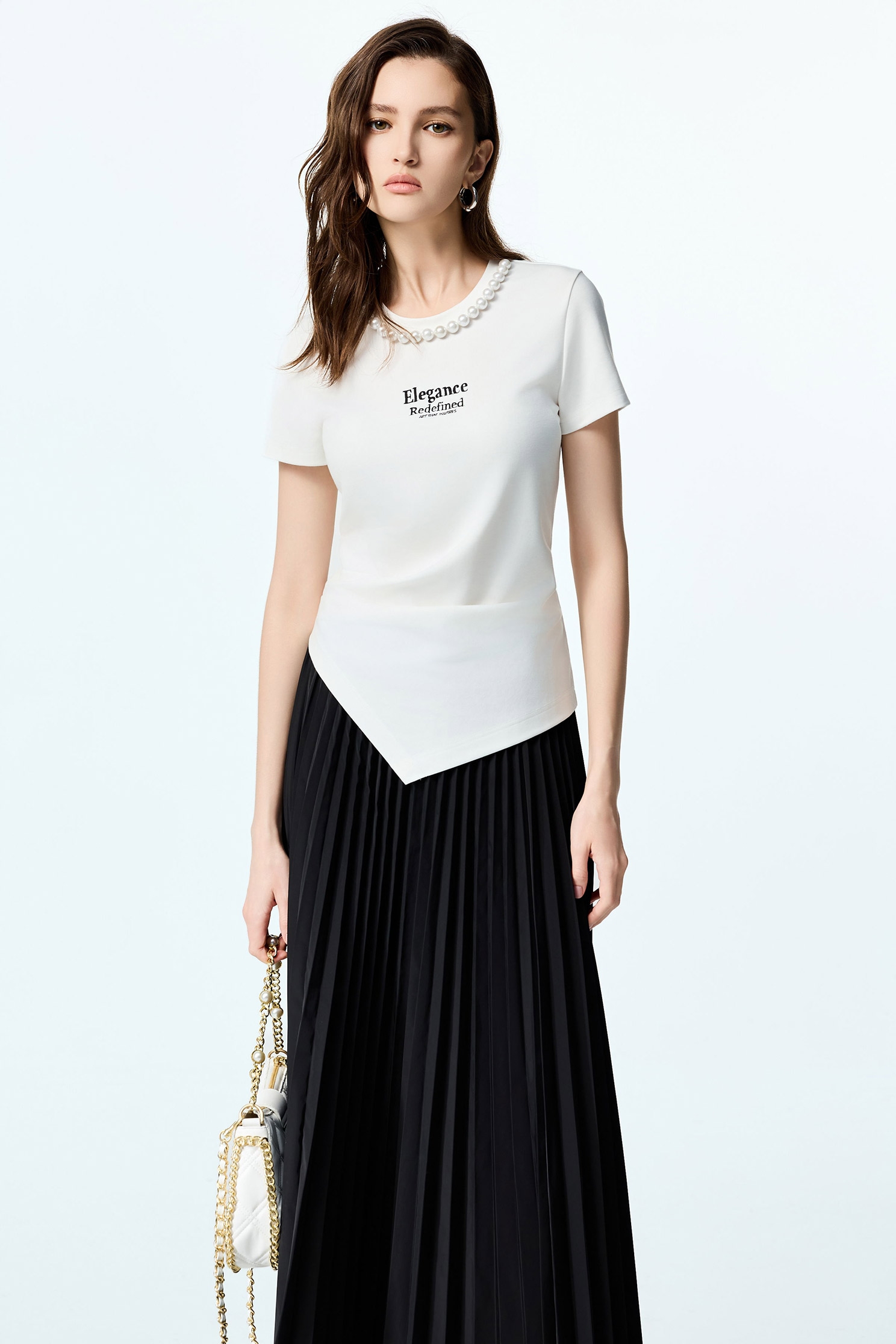 Asymmetric Hem Short Sleeve TeeAsymmetric Hem Short Sleeve Tee,Tops,pearl,White tops,Season (AW) Look