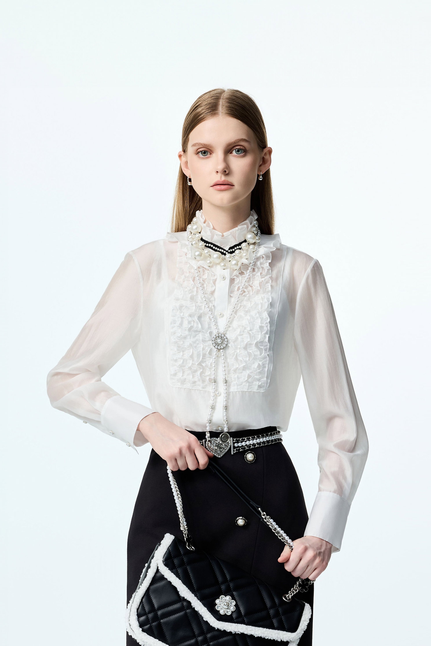 Ruffle Detail Chiffon BlouseRuffle Detail Chiffon Blouse,Tops,pearl,White tops,Season (AW) Look