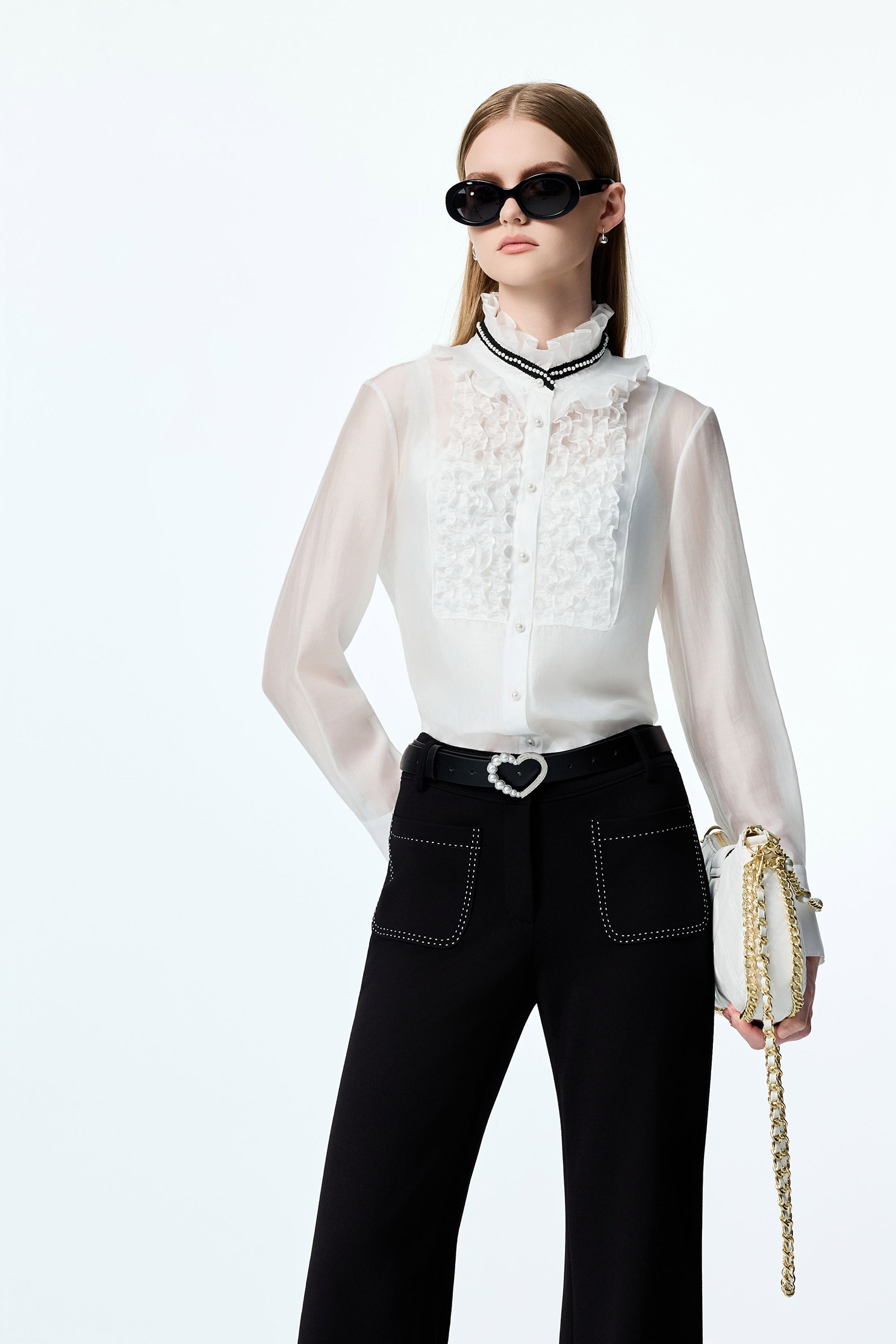 Ruffle Detail Chiffon BlouseRuffle Detail Chiffon Blouse,Tops,pearl,White tops,Season (AW) Look