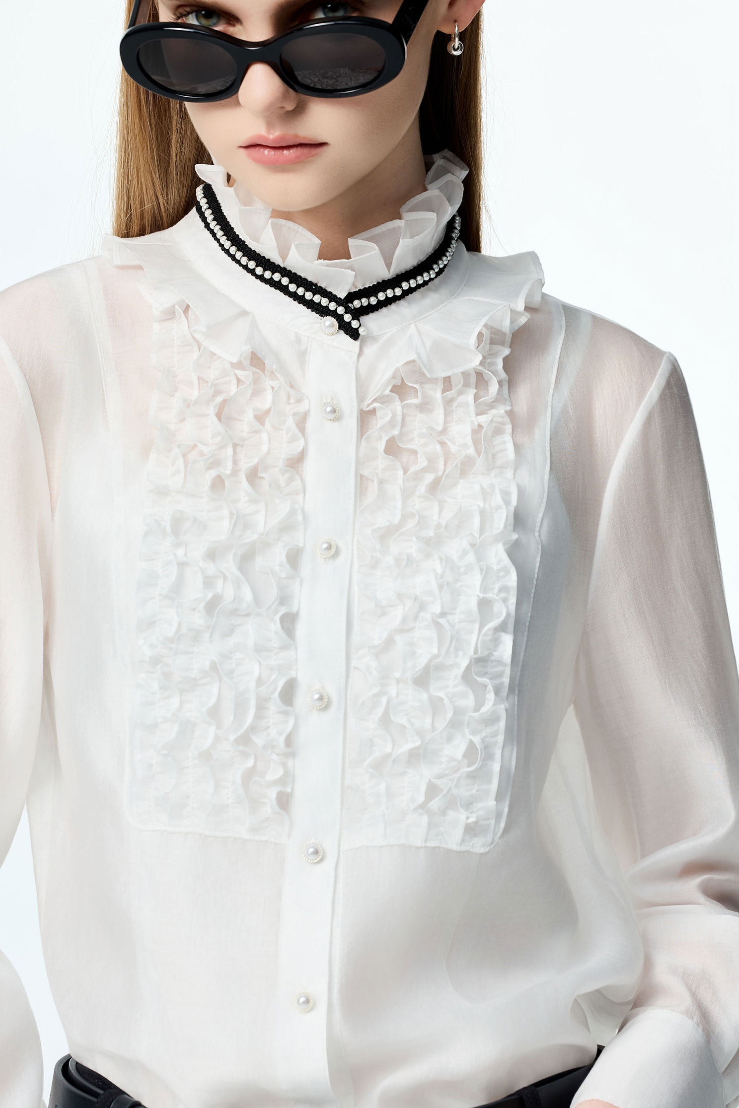 Ruffle Detail Chiffon BlouseRuffle Detail Chiffon Blouse,Tops,pearl,White tops,Season (AW) Look
