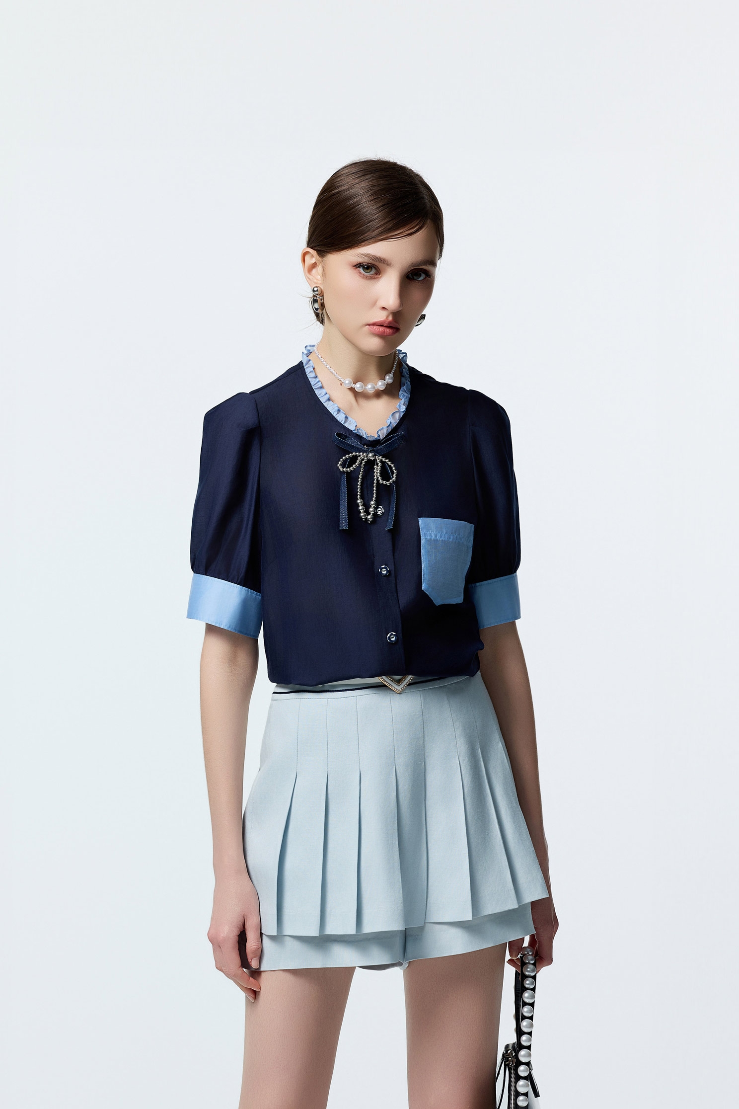 Ruffle Neckline Trim Detail Puff Sleeve TopRuffle Neckline Trim Detail Puff Sleeve Top,Office Looks,Tops,Season (AW) Look,Valentine,bows