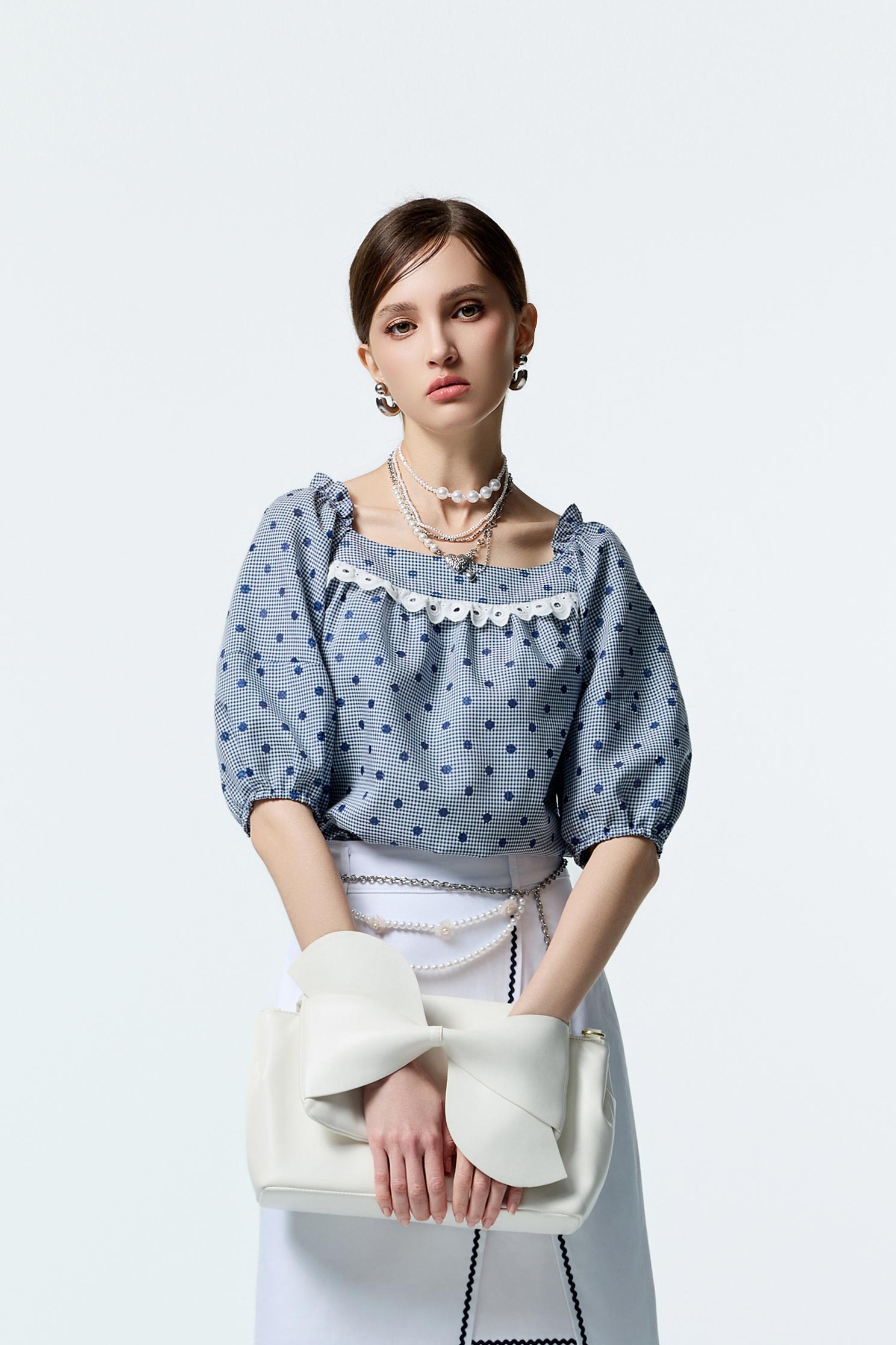 Dotted Embroidery Detail Plaid TopDotted Embroidery Detail Plaid Top,Office Looks,Tops,co-ord sets,Plaid,dotcollection,Season (AW) Look,Lace