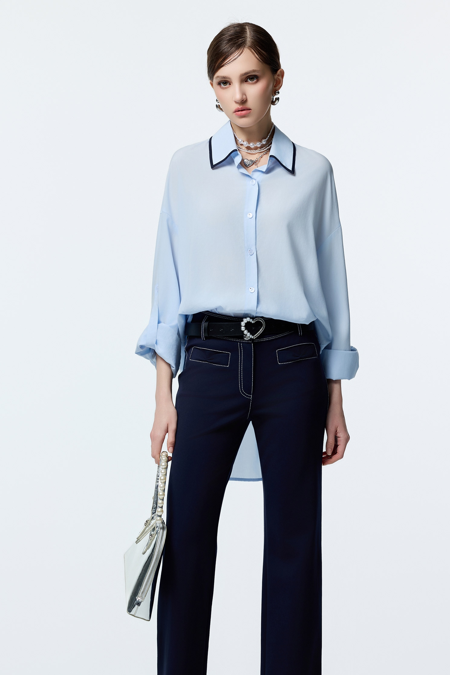 Light Blue Loose Fit Blouse With Contrast Navy Trim DetailLight Blue Loose Fit Blouse With Contrast Navy Trim Detail,Office Looks,Tops,Season (AW) Look,Blouses