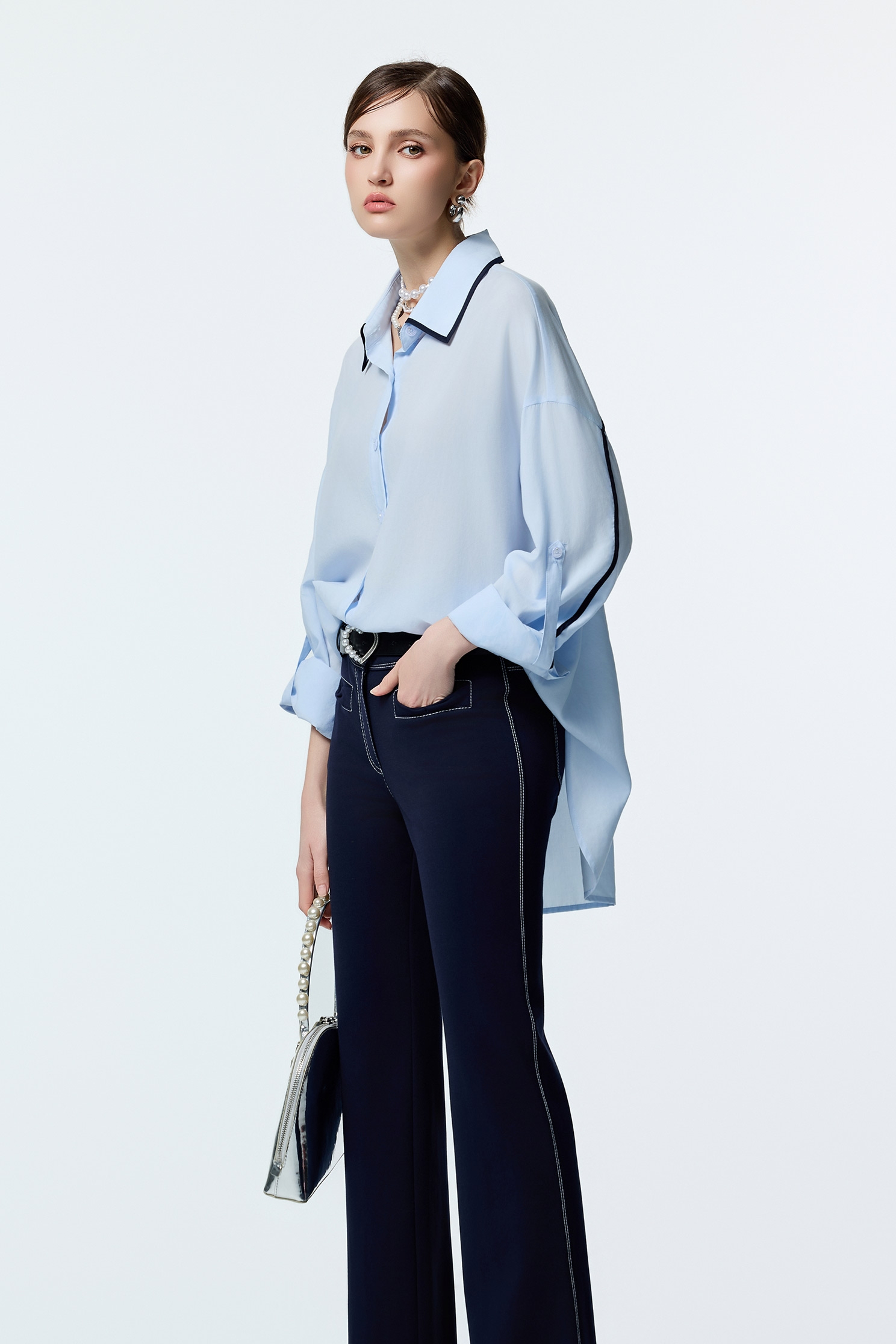 Light Blue Loose Fit Blouse With Contrast Navy Trim DetailLight Blue Loose Fit Blouse With Contrast Navy Trim Detail,Office Looks,Tops,Season (AW) Look,Blouses