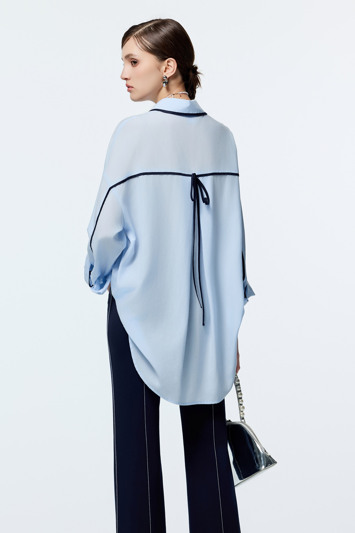 Light Blue Loose Fit Blouse With Contrast Navy Trim DetailLight Blue Loose Fit Blouse With Contrast Navy Trim Detail,Office Looks,Tops,Season (AW) Look,Blouses