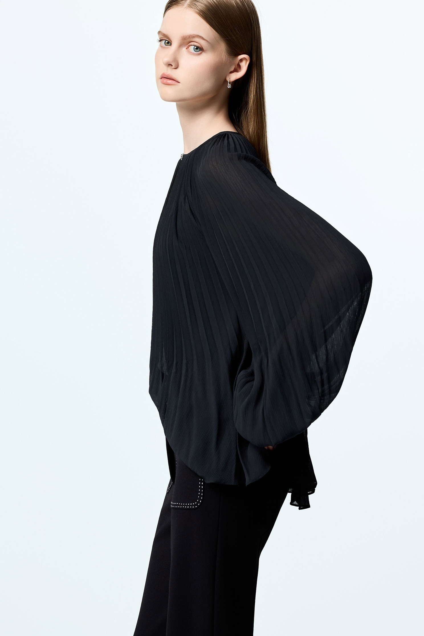 Black Pleated Detail Chiffon BlouseBlack Pleated Detail Chiffon Blouse,Tops,Under shirts,Season (AW) Look,Blouses,Chiffon,black tops