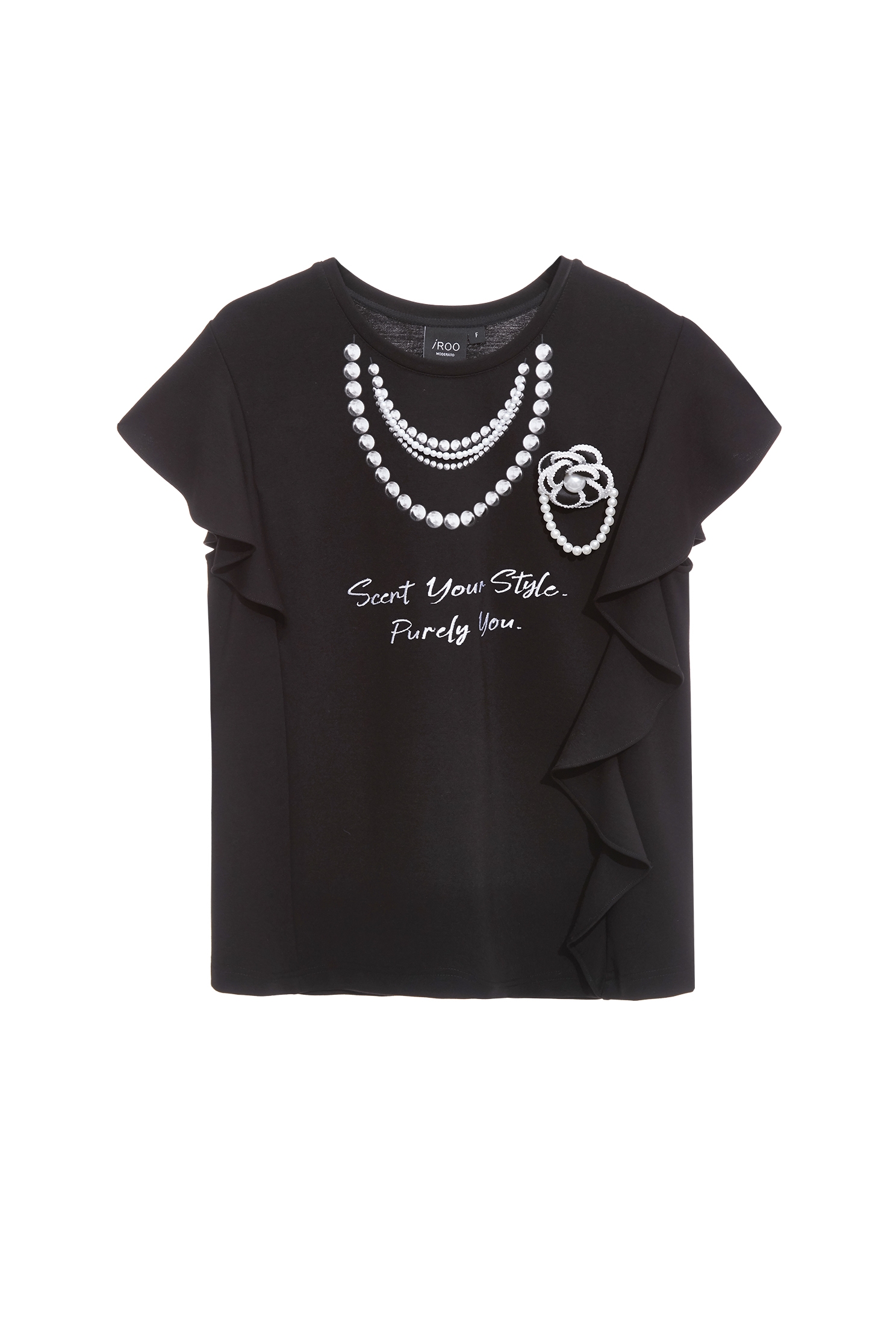 Graphic Print Ruffle Detail TeeGraphic Print Ruffle Detail Tee,Tops,Season (SS) Look,pearl,Necklaces,black tops