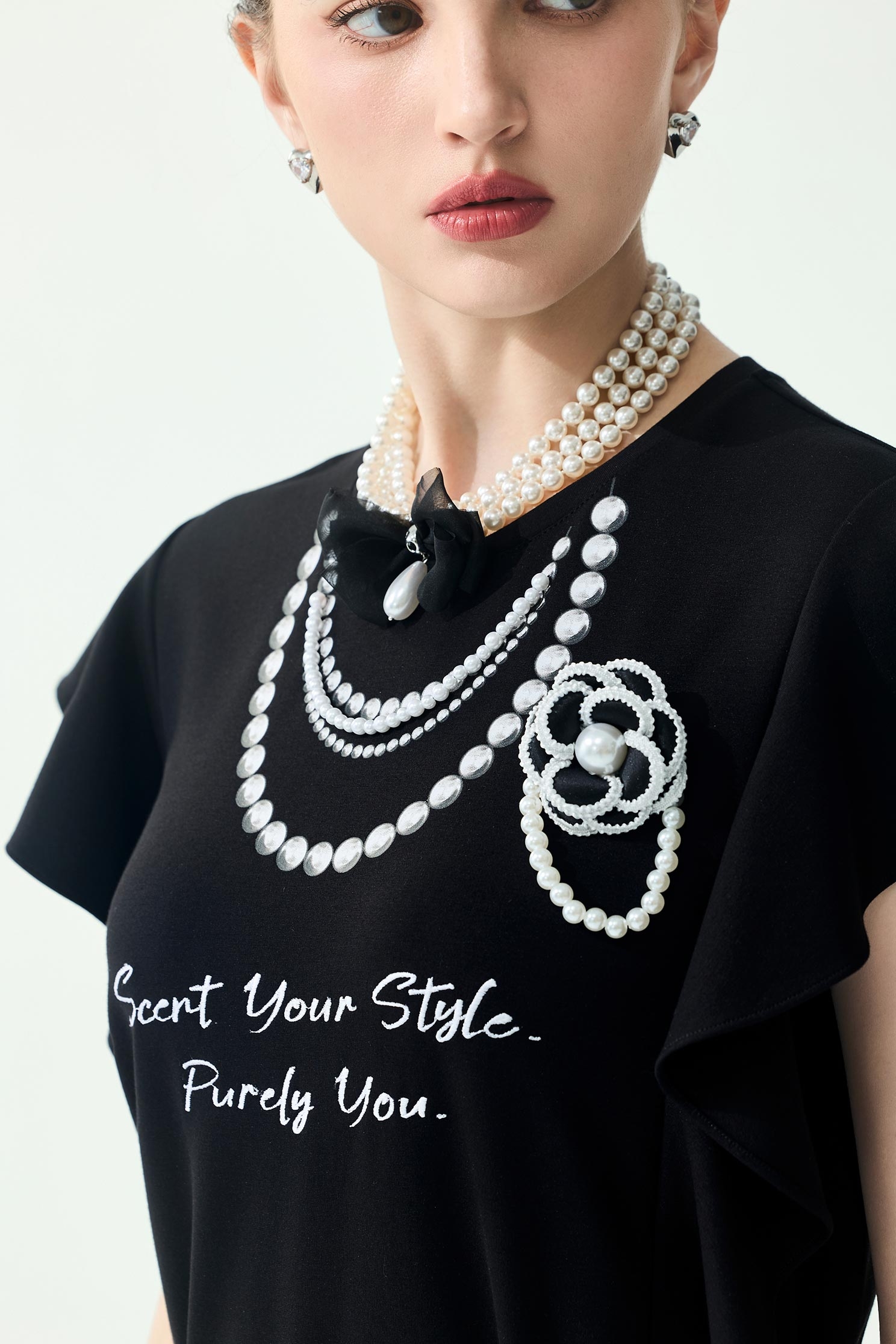 Graphic Print Ruffle Detail TeeGraphic Print Ruffle Detail Tee,Tops,Season (SS) Look,pearl,Necklaces,black tops