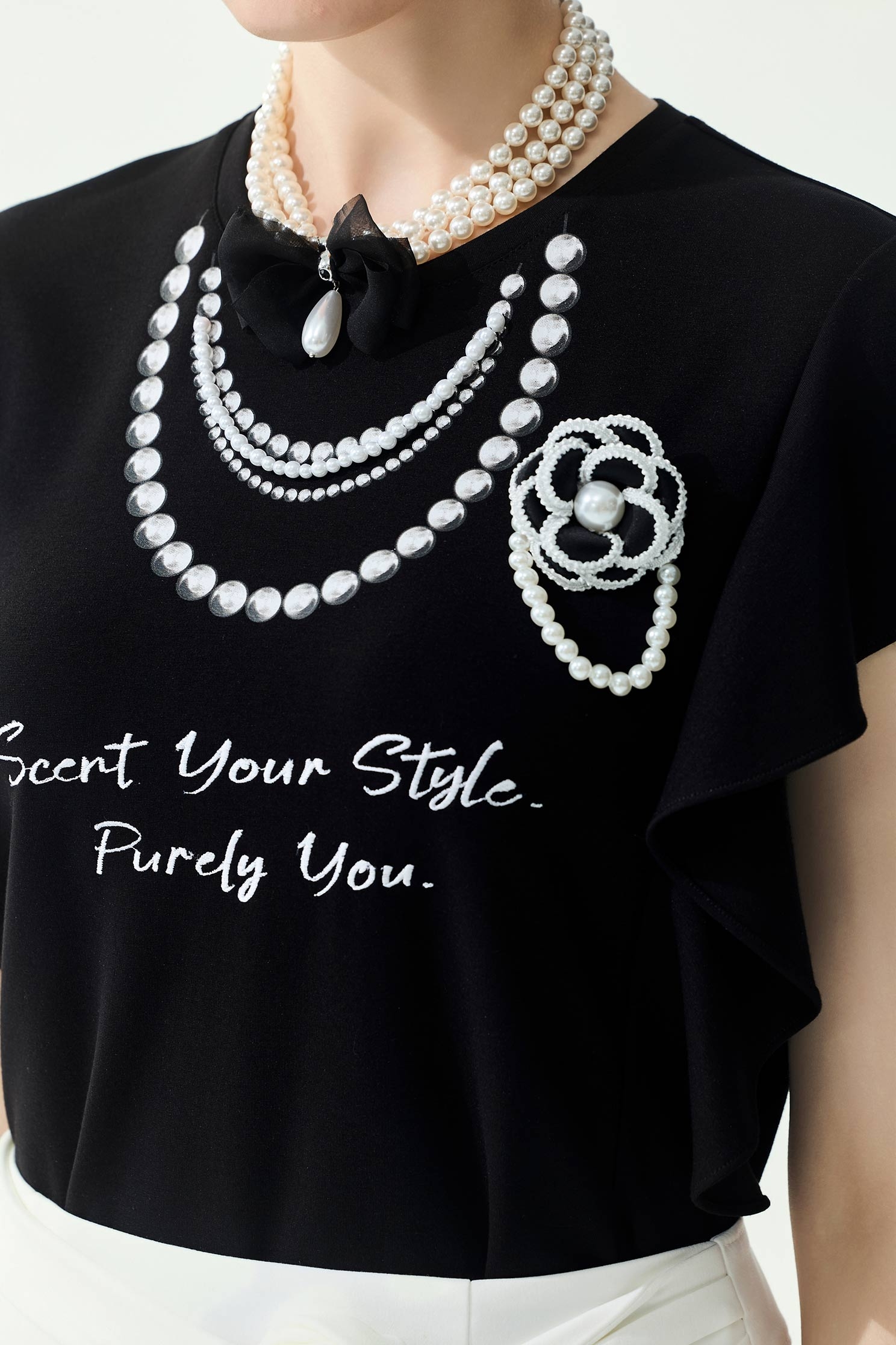Graphic Print Ruffle Detail TeeGraphic Print Ruffle Detail Tee,Tops,Season (SS) Look,pearl,Necklaces,black tops
