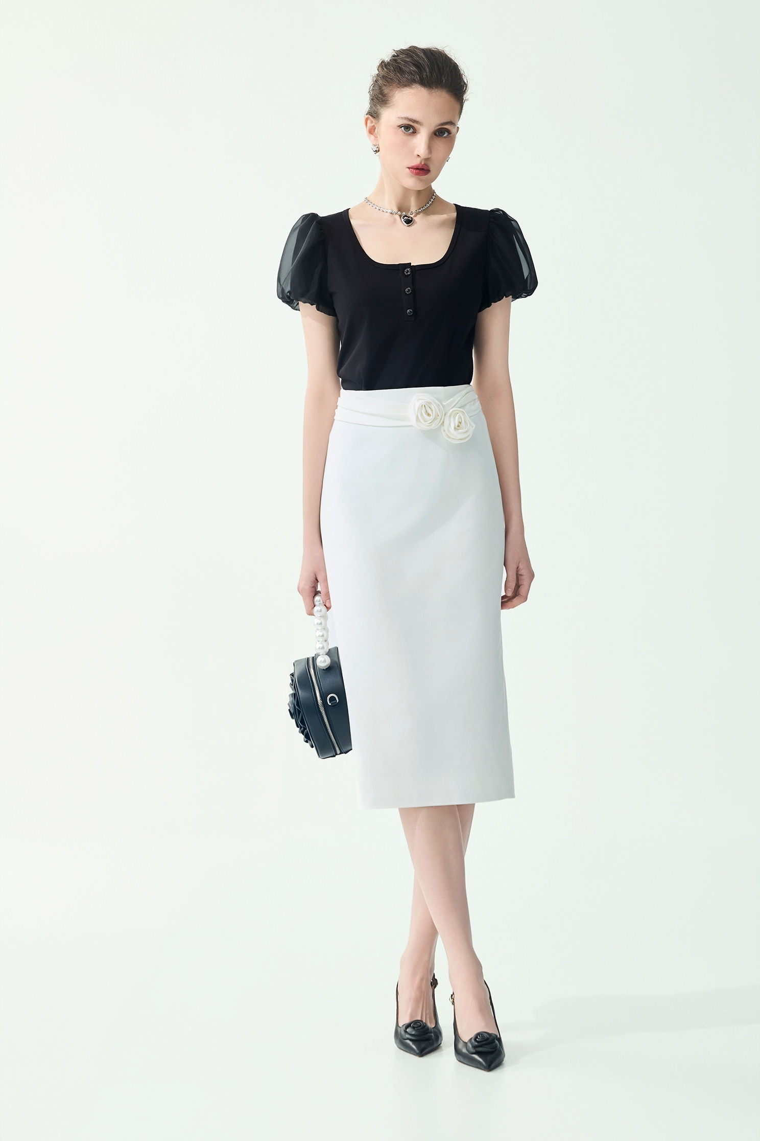 Puff Sleeve Minimalist Black TopPuff Sleeve Minimalist Black Top,Tops,Season (SS) Look,pearl,black tops