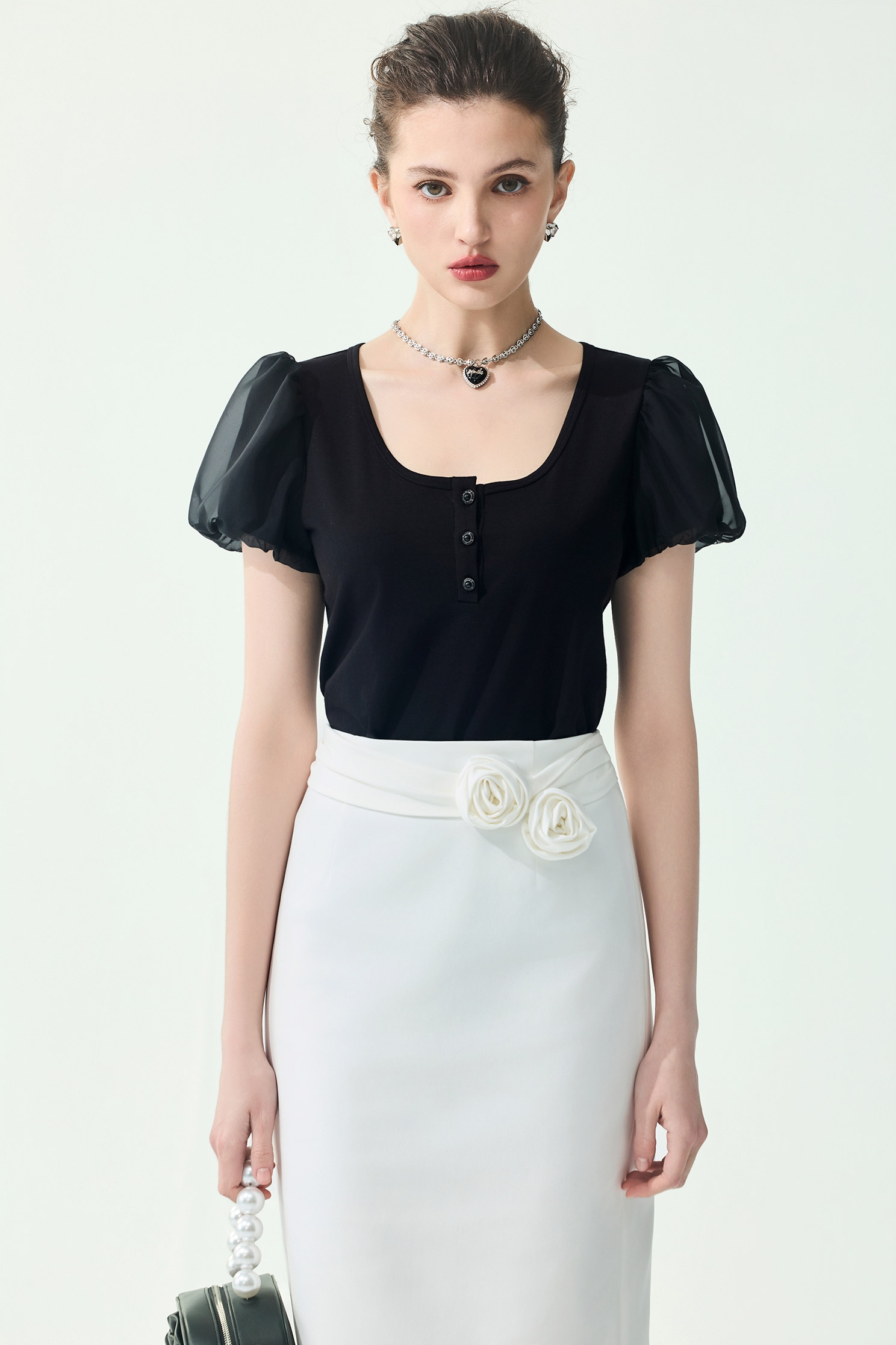 Puff Sleeve Minimalist Black TopPuff Sleeve Minimalist Black Top,Tops,Season (SS) Look,pearl,black tops