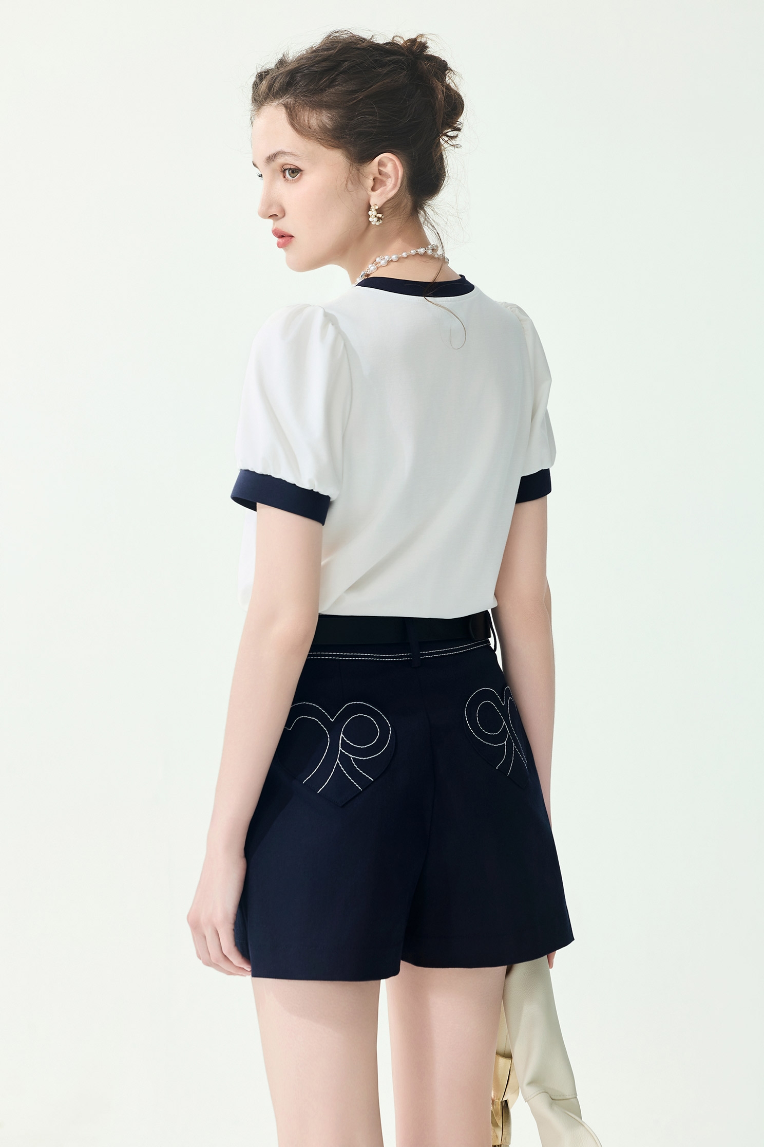 Navy Bow Detail Short Sleeve Top,Tops,Season (SS) Look,White tops,bows