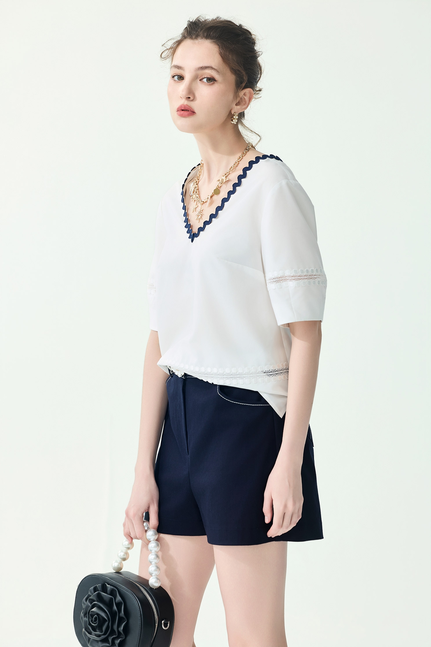 Contrast Navy Trim Neckline Top,Tops,Season (SS) Look,White tops,Lace