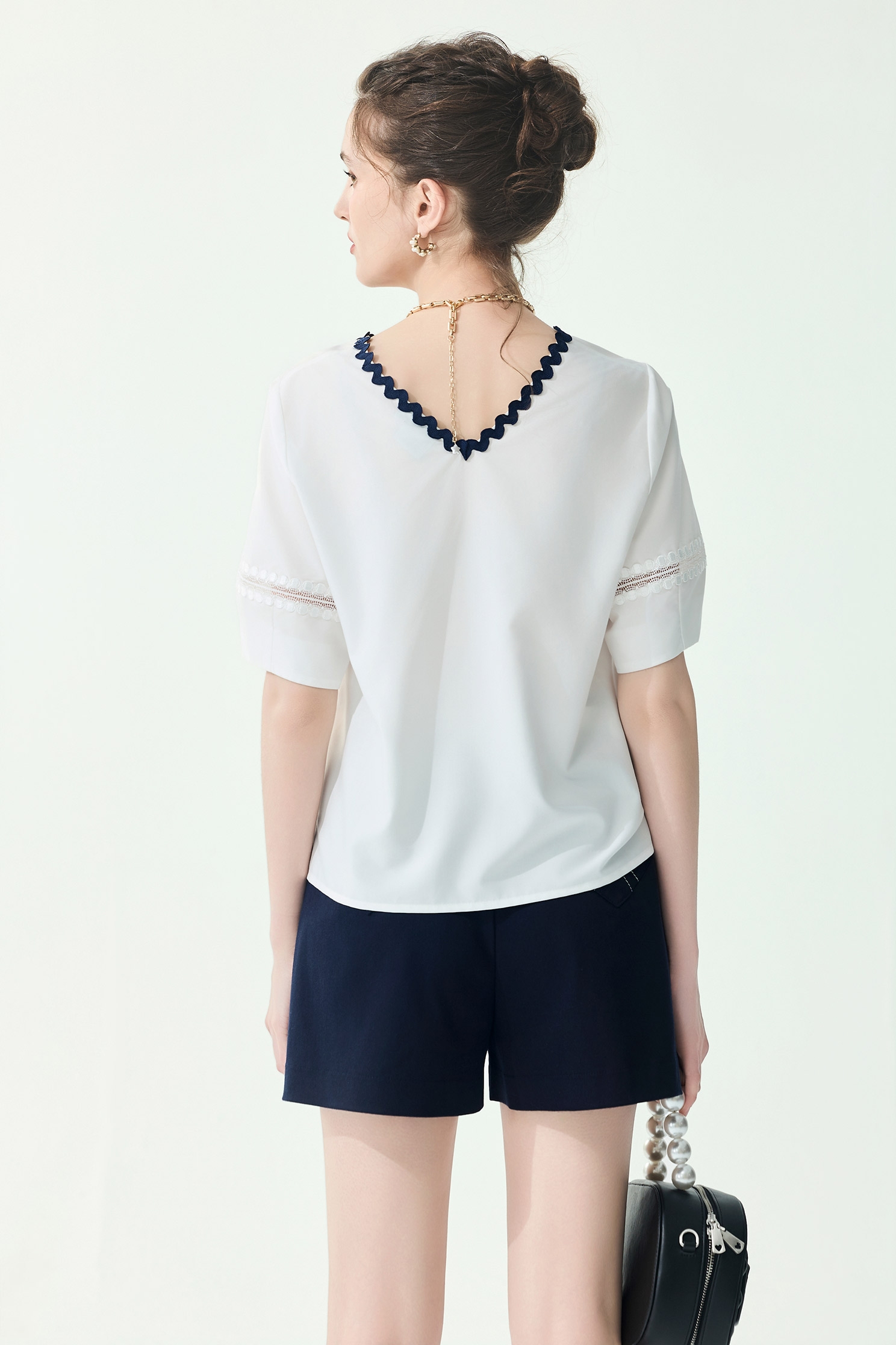 Contrast Navy Trim Neckline Top,Tops,Season (SS) Look,White tops,Lace