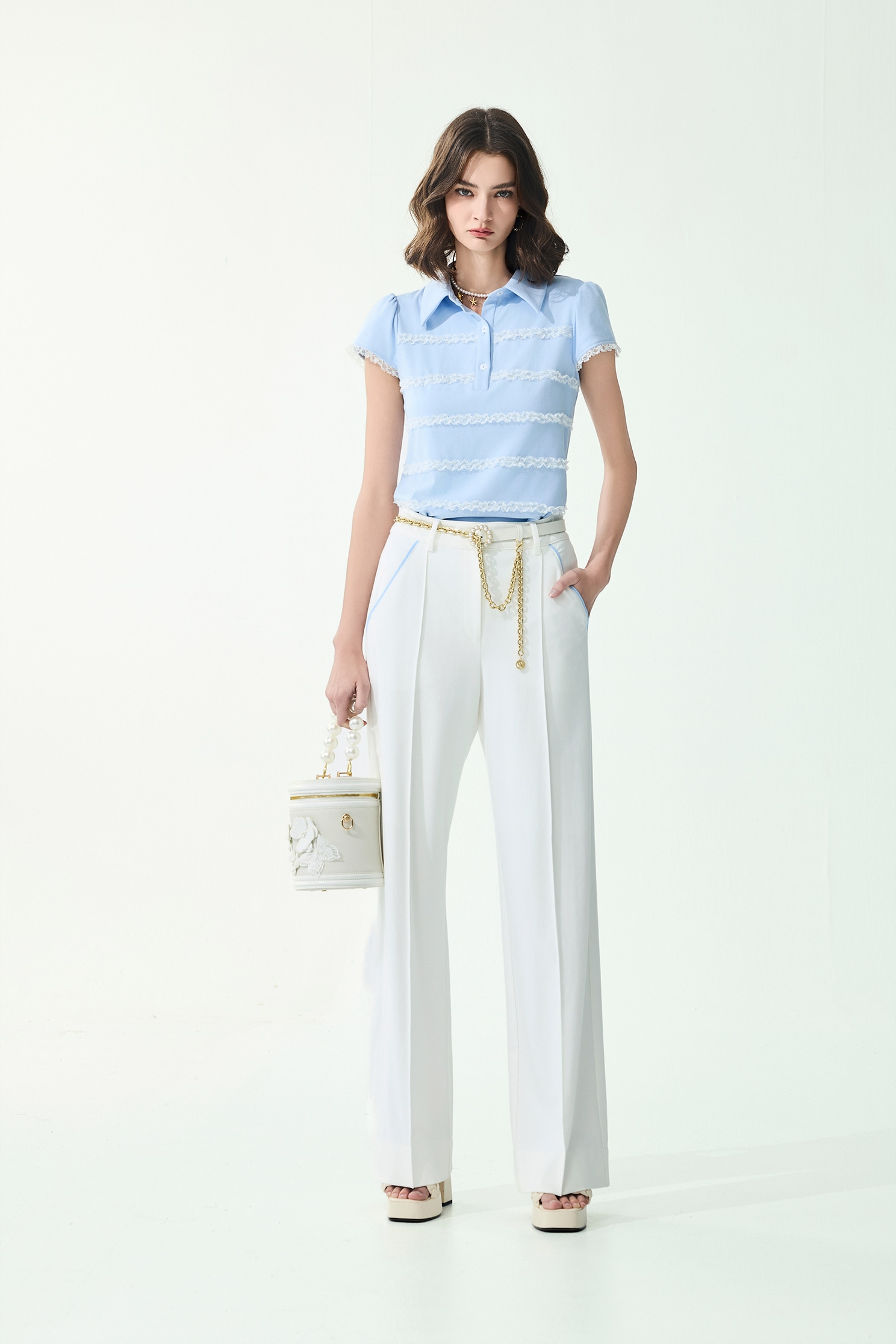 Lace Trim Detail Short Sleeve Polo Top,Tops,Season (SS) Look,Stripe,Lace