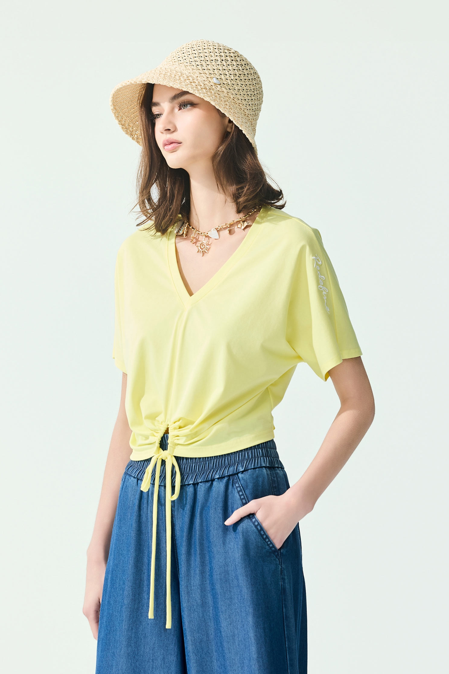 Front Knot Yellow V-neck TopFront Knot Yellow V-neck Top,Tops,Season (SS) Look