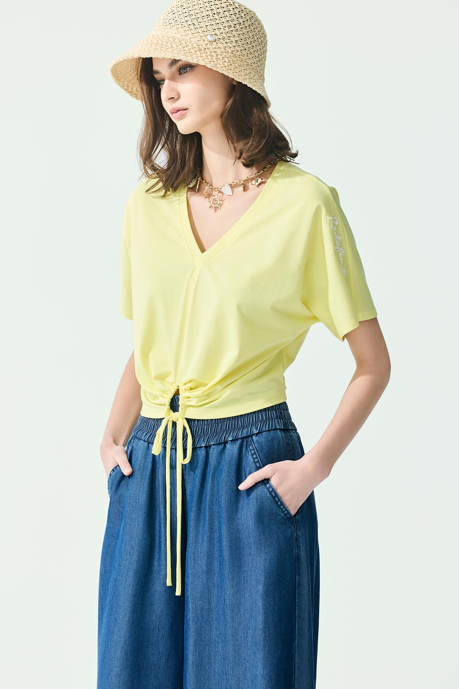 Front Knot Yellow V-neck TopFront Knot Yellow V-neck Top,Tops,Season (SS) Look