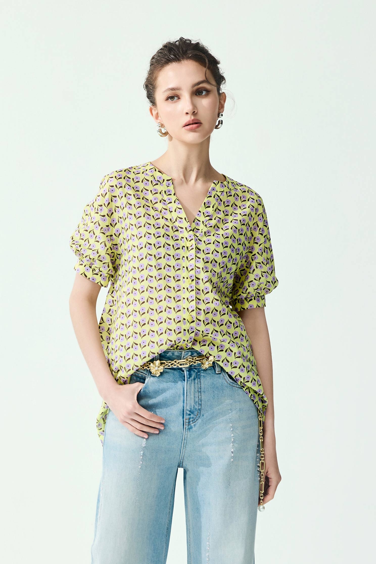 Purple Floral Print V-neck TopPurple Floral Print V-neck Top,Tops,Season (SS) Look,Blouses
