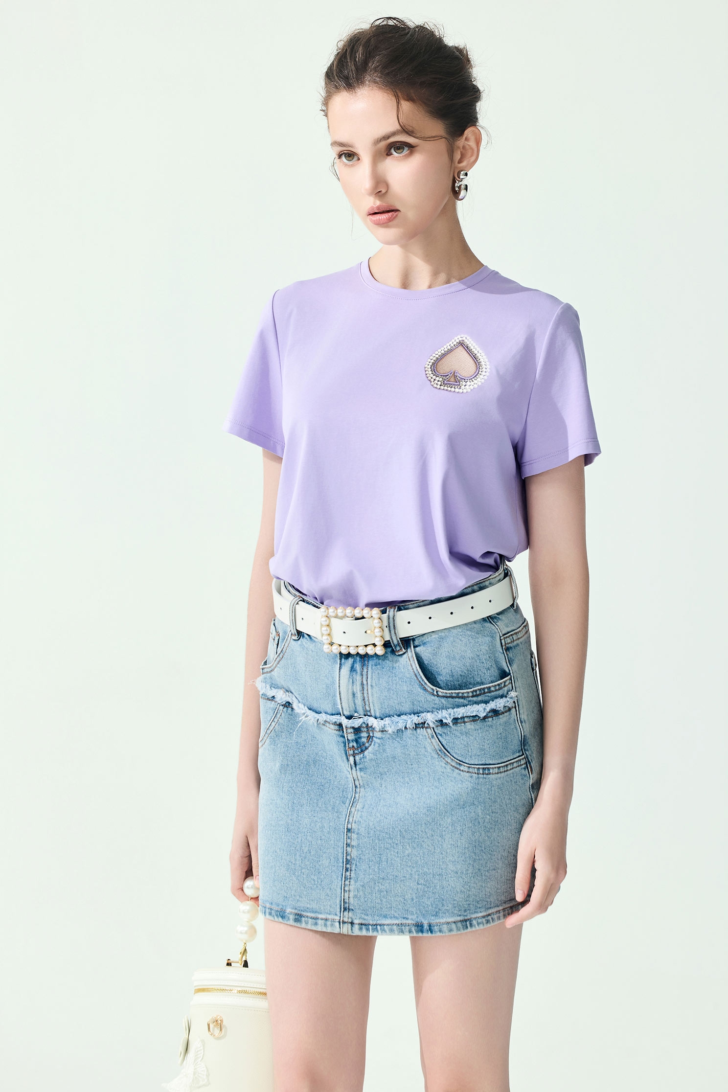 Heart Motif Short Sleeve Tee With Pearl DetailHeart Motif Short Sleeve Tee With Pearl Detail,Tops,Embroidered,Season (SS) Look,pearl