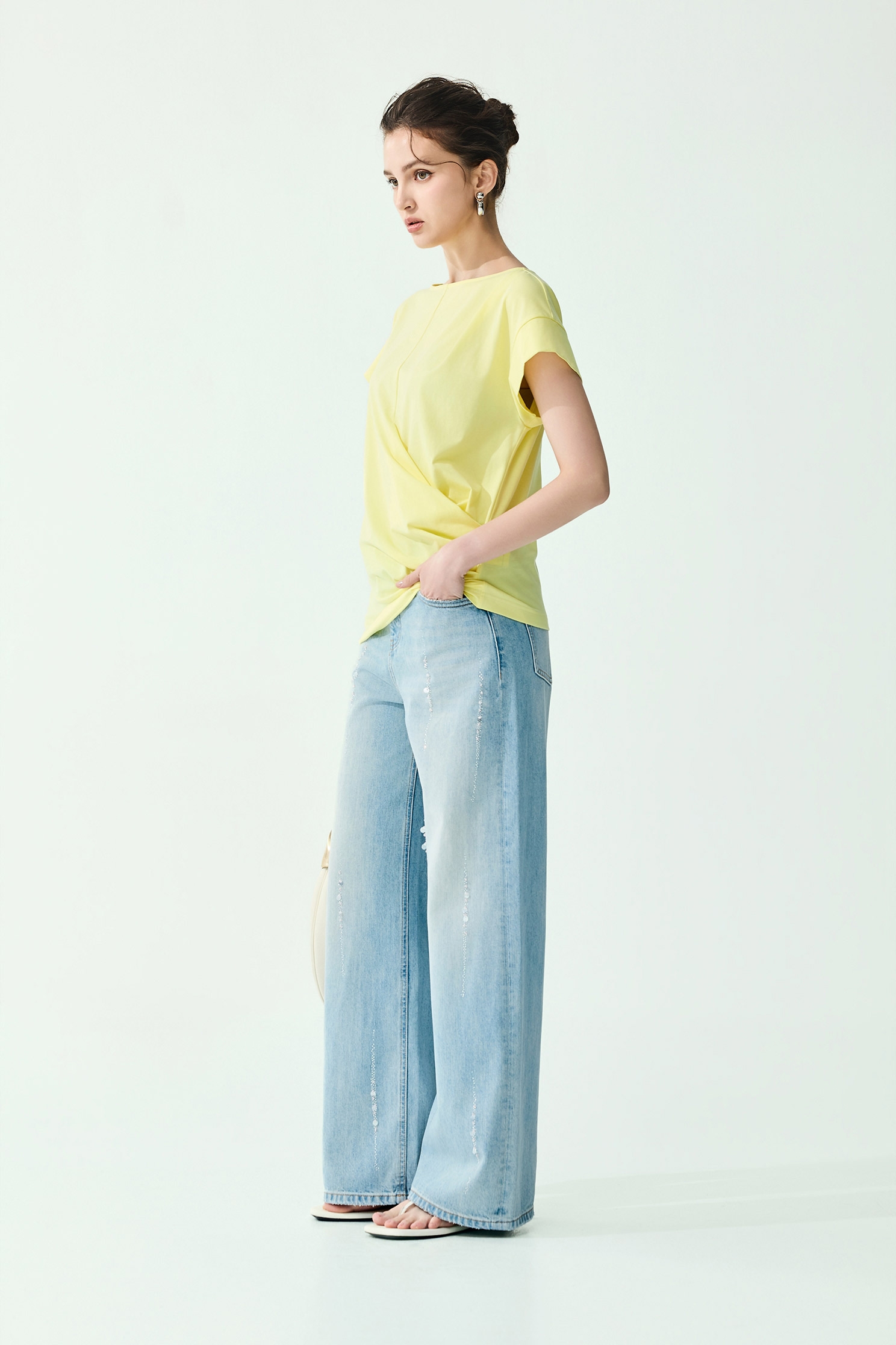 Embroidery Slogan Side Gathered Detail TeeEmbroidery Slogan Side Gathered Detail Tee,Tops,Season (SS) Look