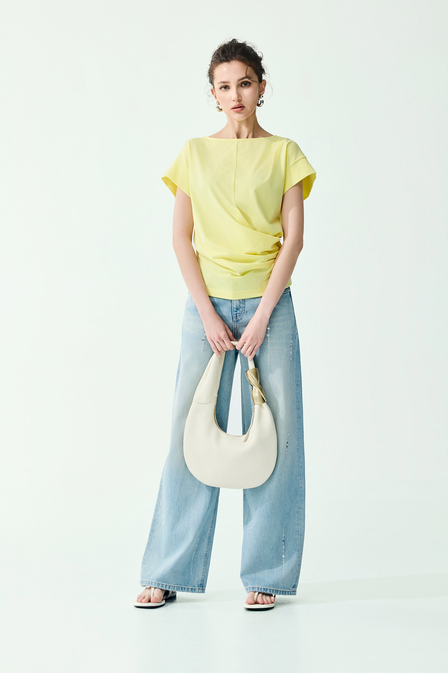 Embroidery Slogan Side Gathered Detail TeeEmbroidery Slogan Side Gathered Detail Tee,Tops,Season (SS) Look