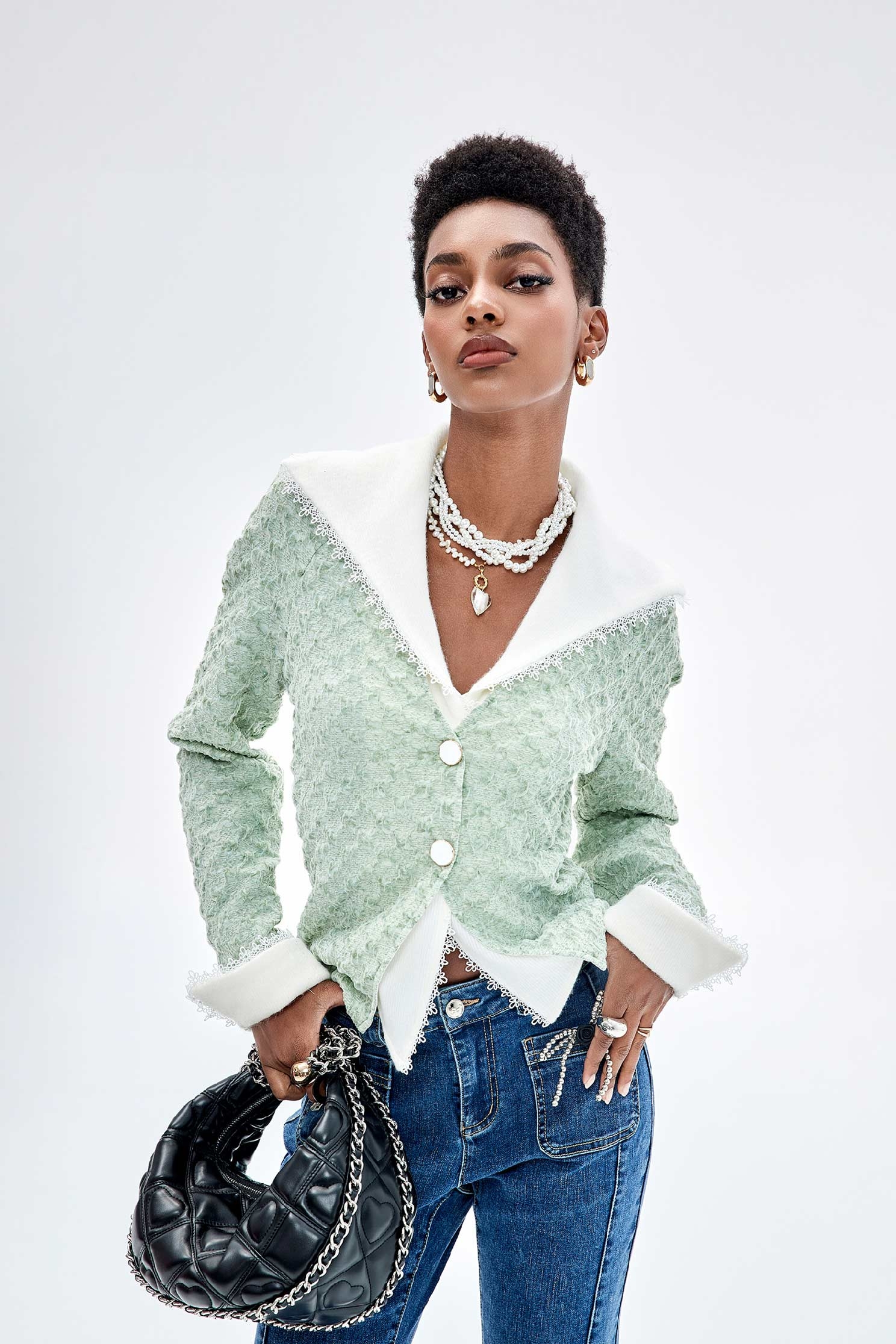 Long Sleeve Contrast Wide Collar TopLong Sleeve Contrast Wide Collar Top,Tops,Season (SS) Look,Plaid,Blouses