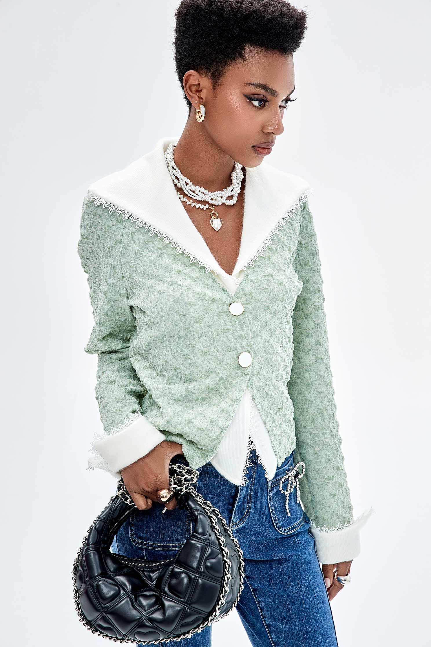 Long Sleeve Contrast Wide Collar TopLong Sleeve Contrast Wide Collar Top,Tops,Season (SS) Look,Plaid,Blouses