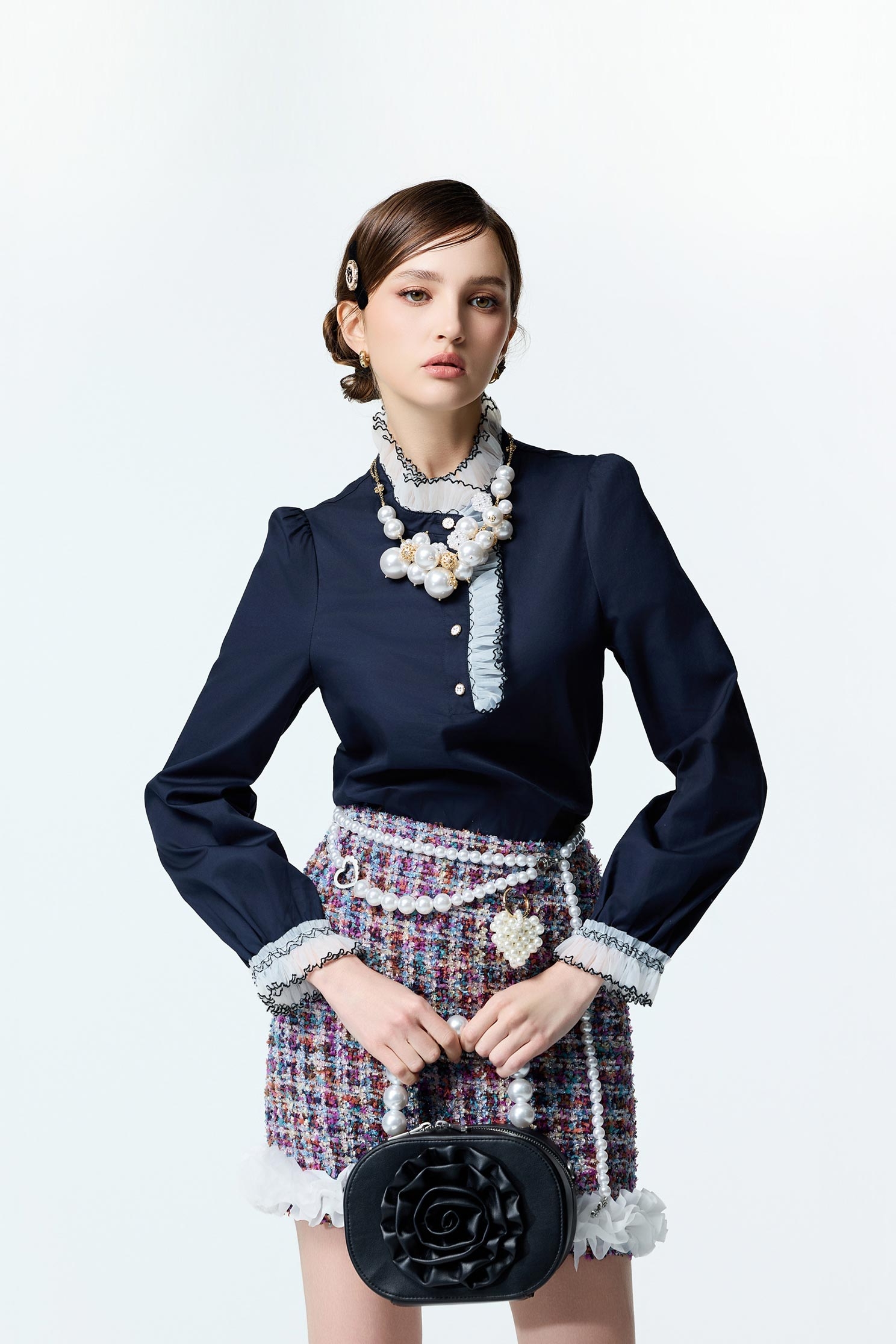 Navy Top With Contrast Ruffle DetailNavy Top With Contrast Ruffle Detail,Tops,Embroidered,Season (AW) Look,bows,Long sleeve tops