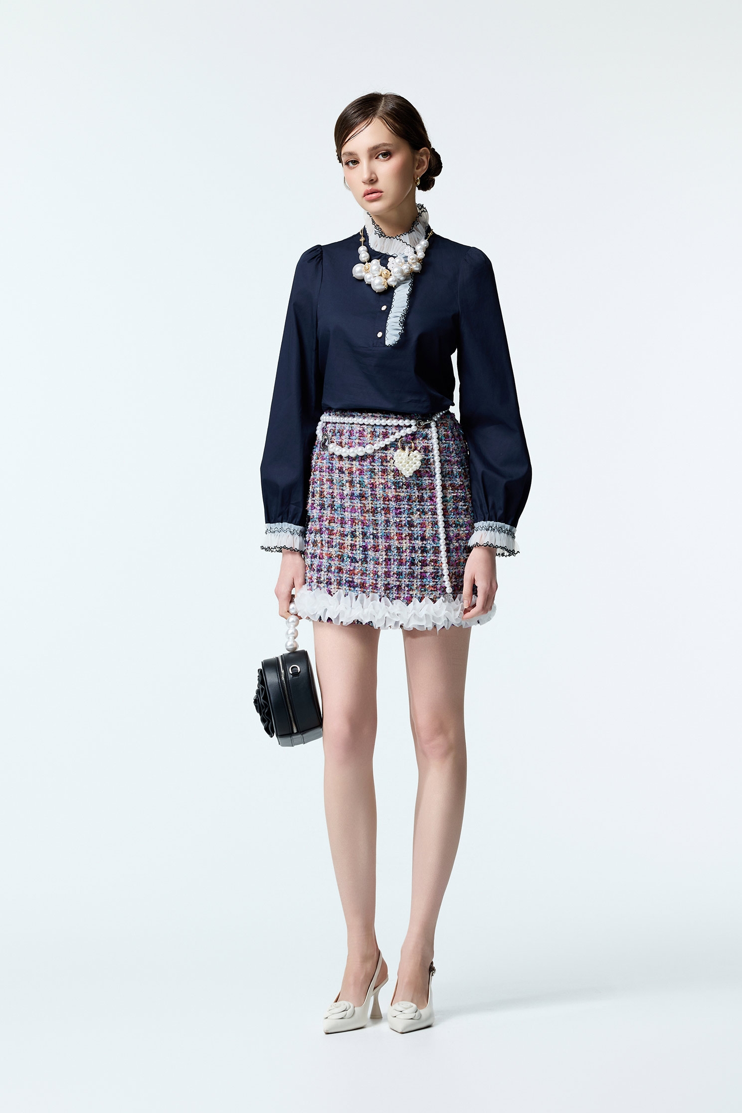 Navy Top With Contrast Ruffle DetailNavy Top With Contrast Ruffle Detail,Tops,Embroidered,Season (AW) Look,bows,Long sleeve tops