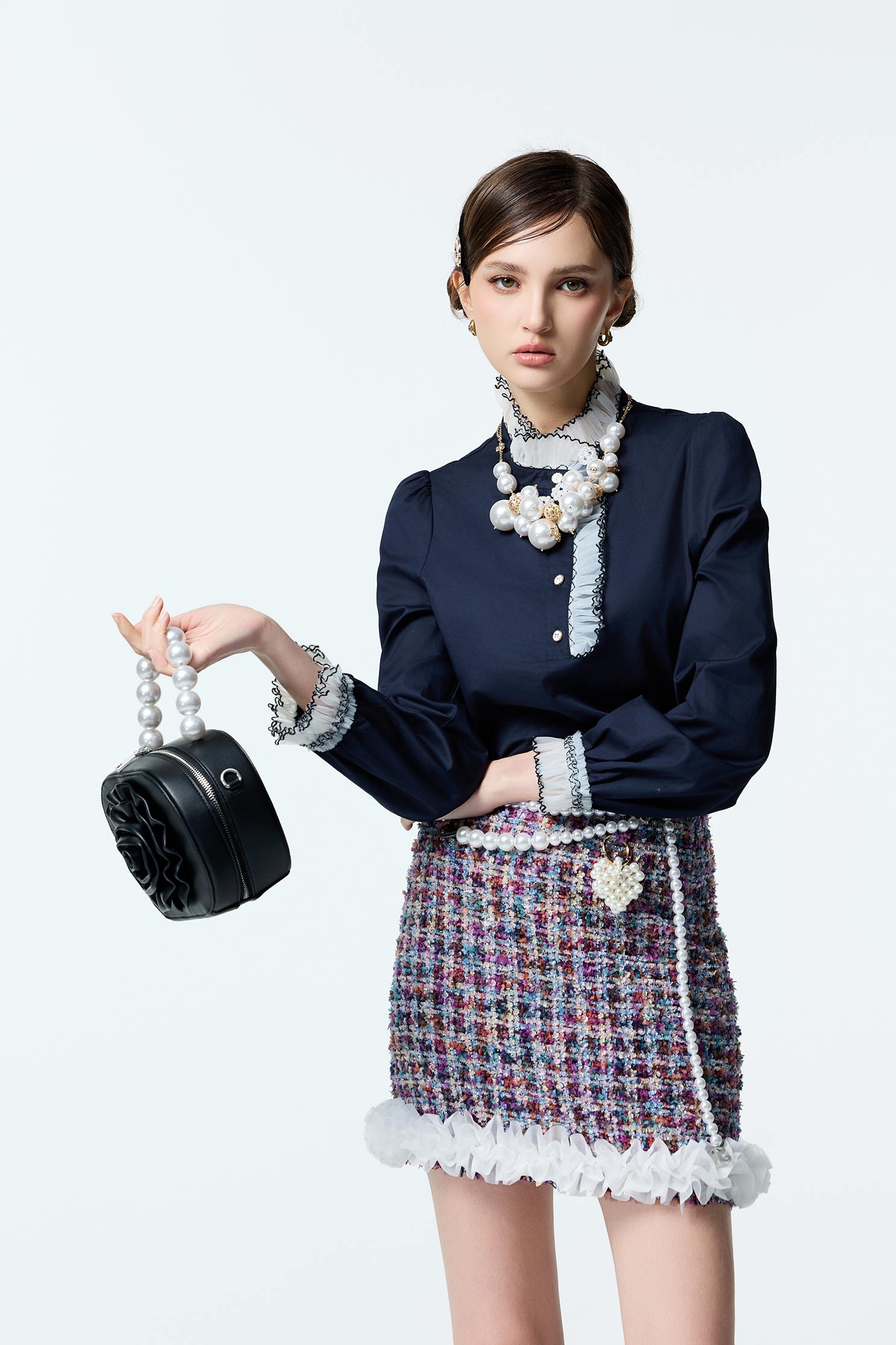 Navy Top With Contrast Ruffle DetailNavy Top With Contrast Ruffle Detail,Tops,Embroidered,Season (AW) Look,bows,Long sleeve tops