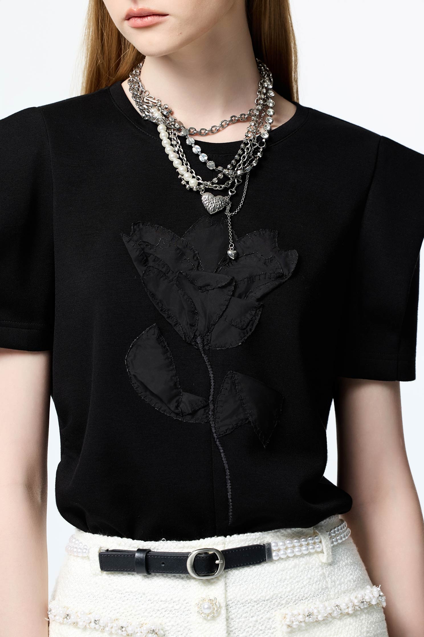 Pointed Cap Sleeve Floral Detail TopPointed Cap Sleeve Floral Detail Top,Tops,Season (AW) Look,black tops