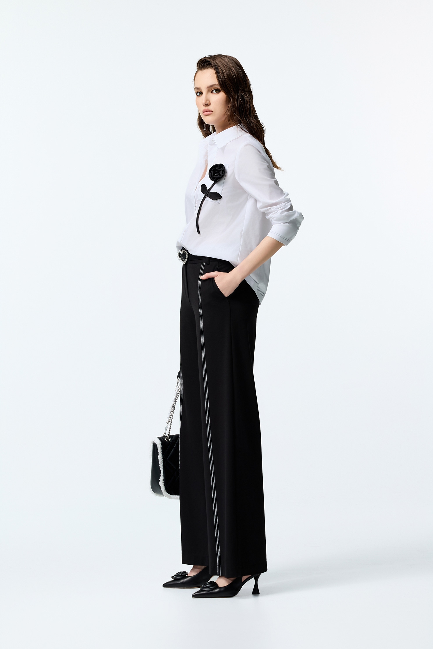 Black 3-D Rose Detail BlouseBlack 3-D Rose Detail Blouse,Tops,White tops,Season (AW) Look,Blouses