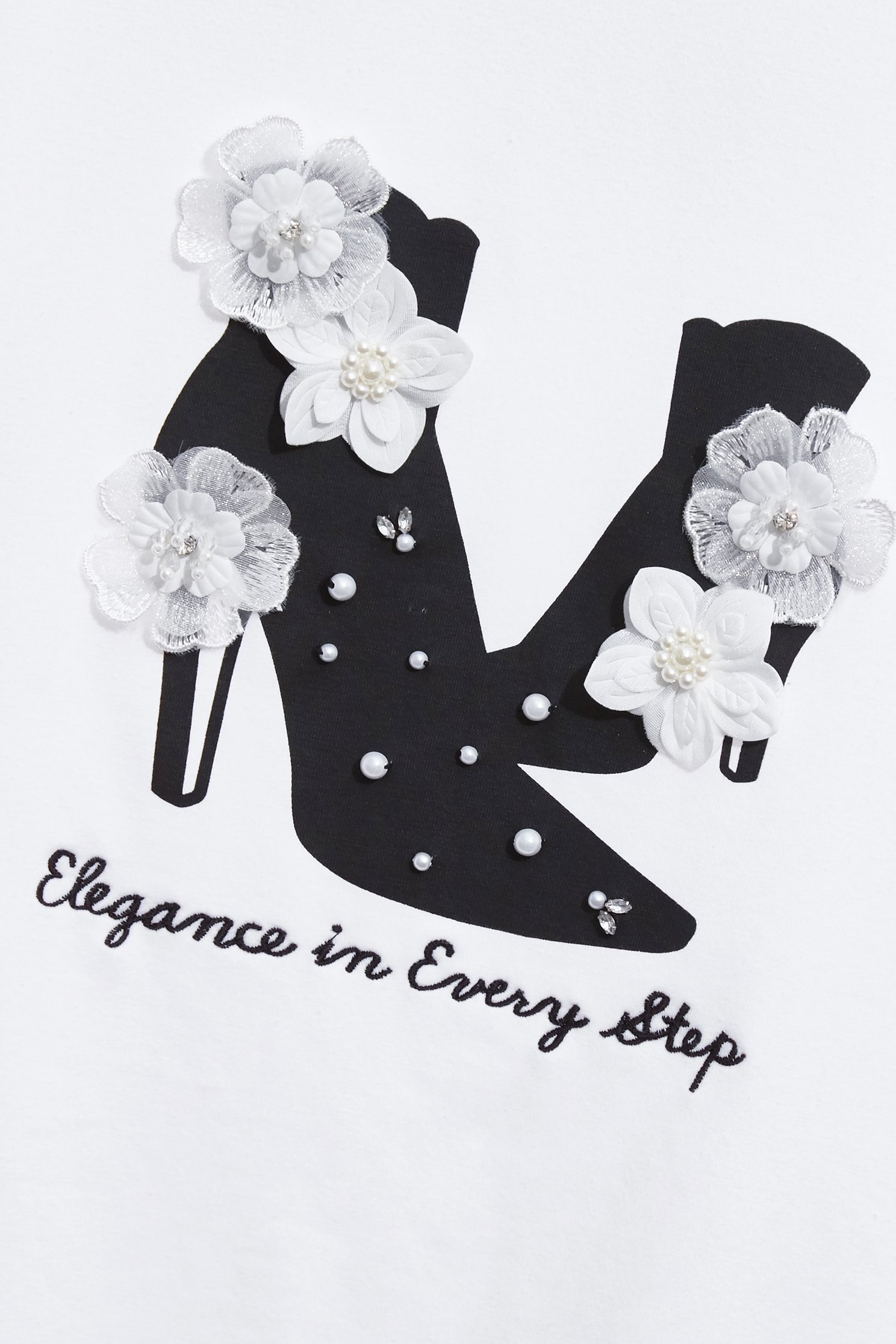 Front Graphic Floral Detail Short Sleeve TeeFront Graphic Floral Detail Short Sleeve Tee,T-shirts,Tops,pearl,White tops,Season (AW) Look,Cotton,Embroidered