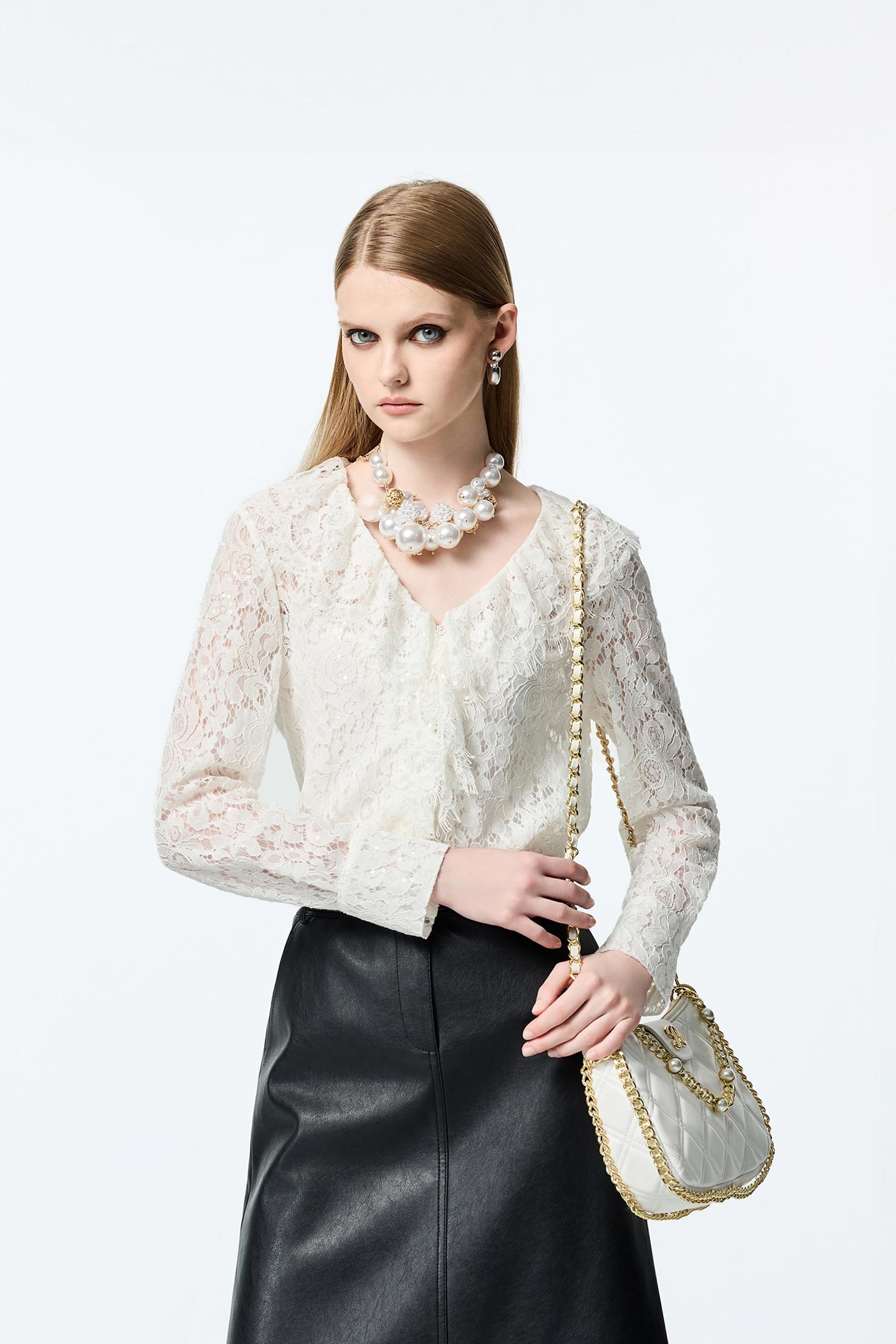 Full Lace Ruffle Detail BlouseFull Lace Ruffle Detail Blouse,Tops,Under shirts,pearl,White tops,Season (AW) Look,Lace