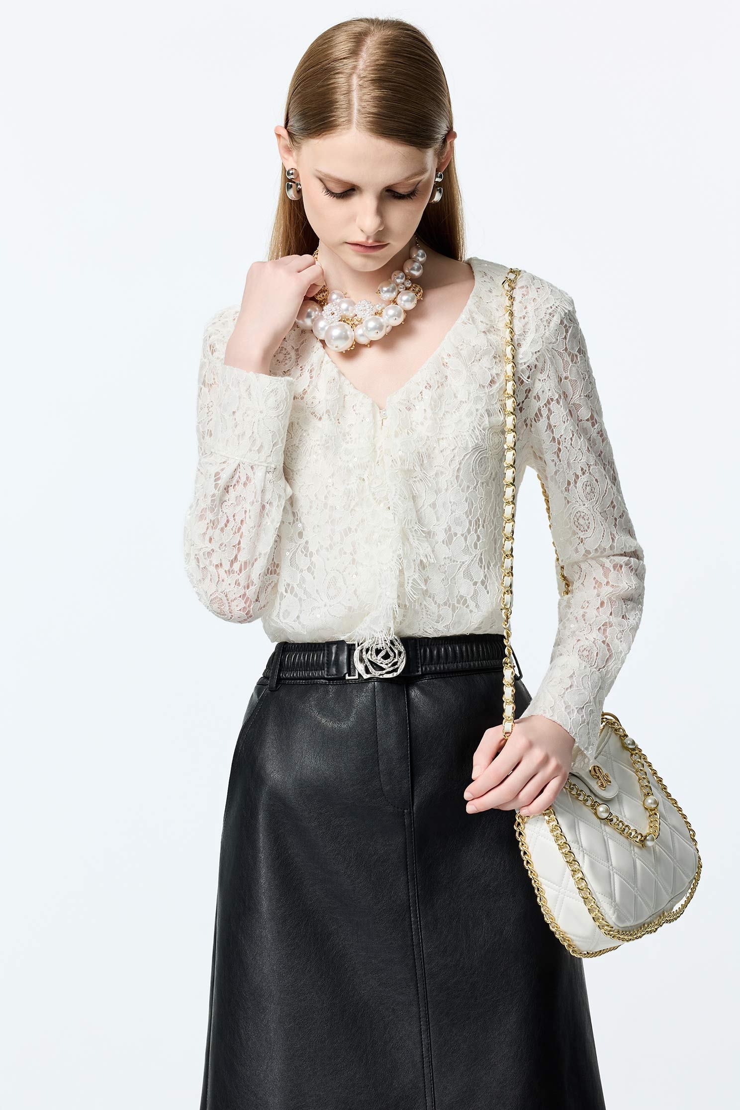 Full Lace Ruffle Detail BlouseFull Lace Ruffle Detail Blouse,Tops,Under shirts,pearl,White tops,Season (AW) Look,Lace