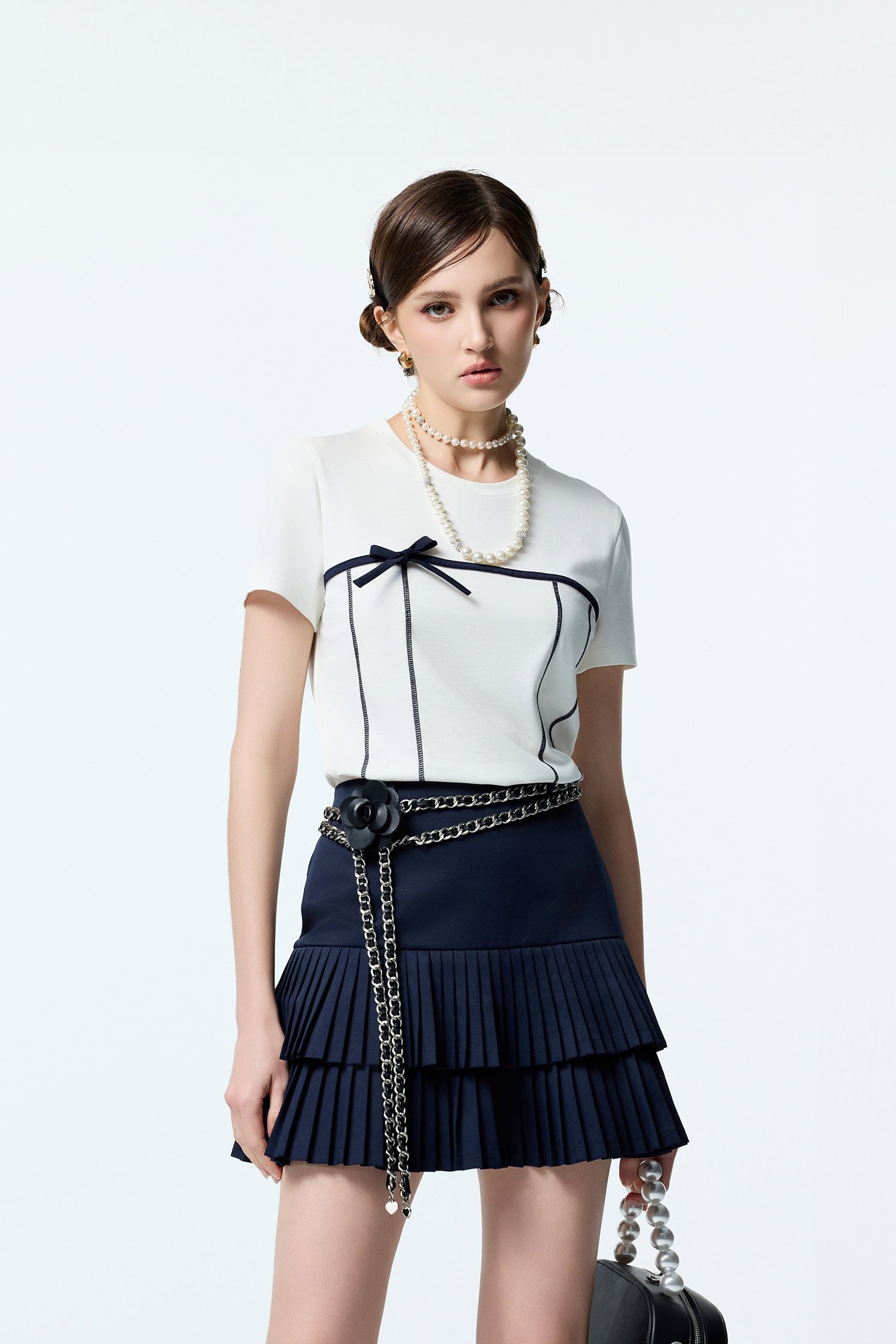 Navy Bow Detail Short Sleeve TeeNavy Bow Detail Short Sleeve Tee,Tops,Embroidered,White tops,Season (AW) Look