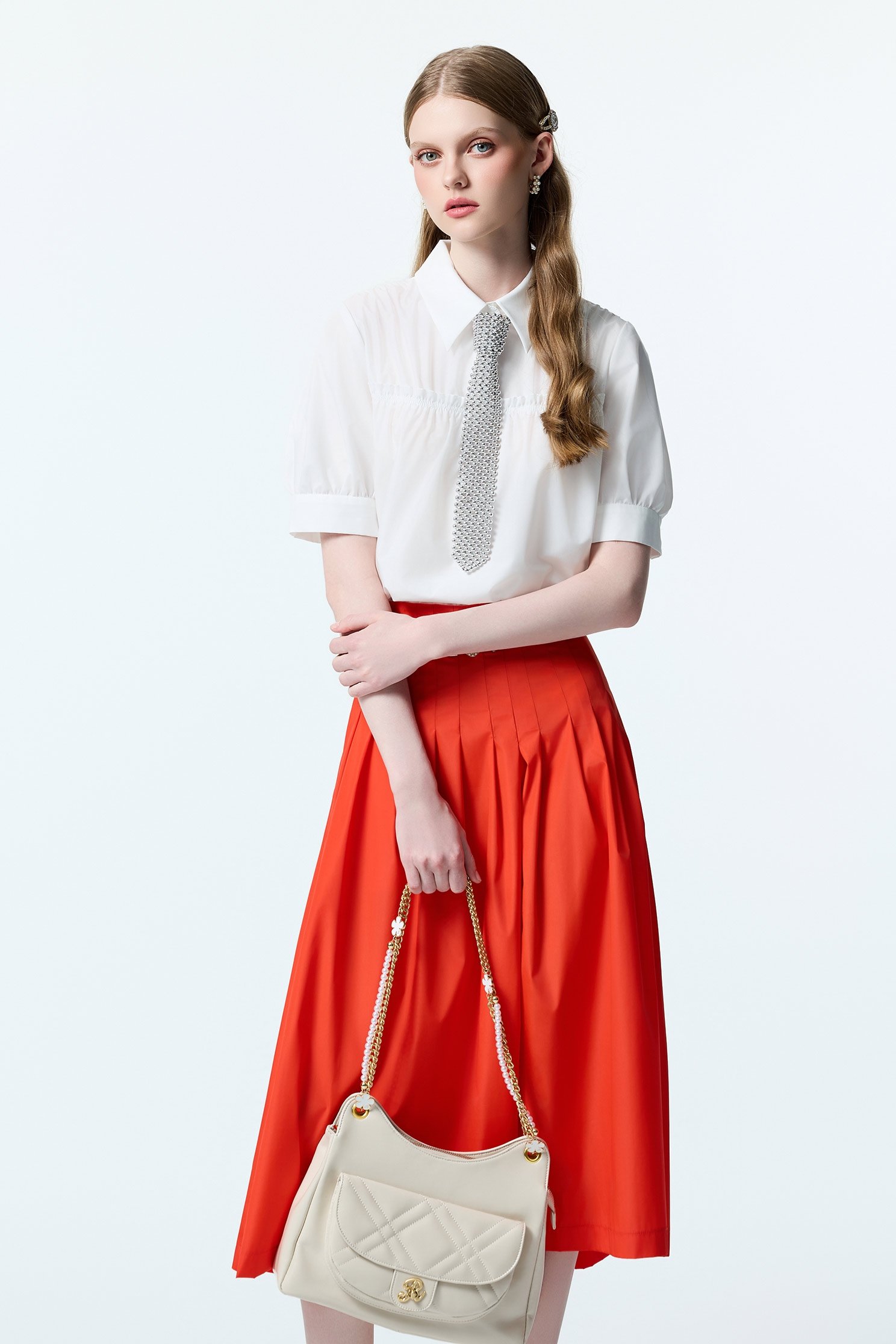 Pearl Neck Tie Detail Short Sleeve TopPearl Neck Tie Detail Short Sleeve Top,Tops,White tops,Season (AW) Look