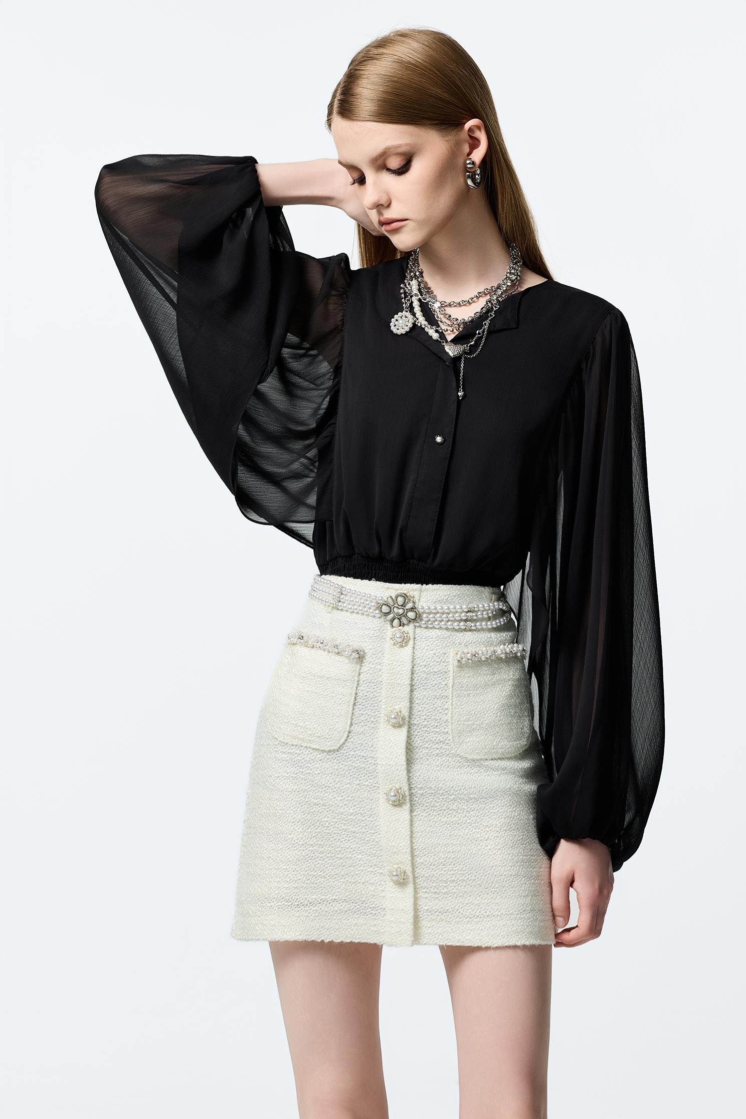 Elastic Waist Black Chiffon TopElastic Waist Black Chiffon Top,Tops,Season (AW) Look,Chiffon,black tops