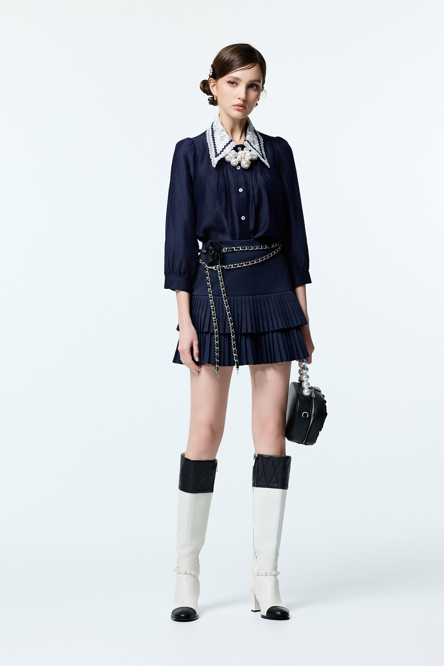 Navy Blouse With Contrast Lace Collar DetailNavy Blouse With Contrast Lace Collar Detail,Tops,Embroidered,Season (AW) Look,Blouses