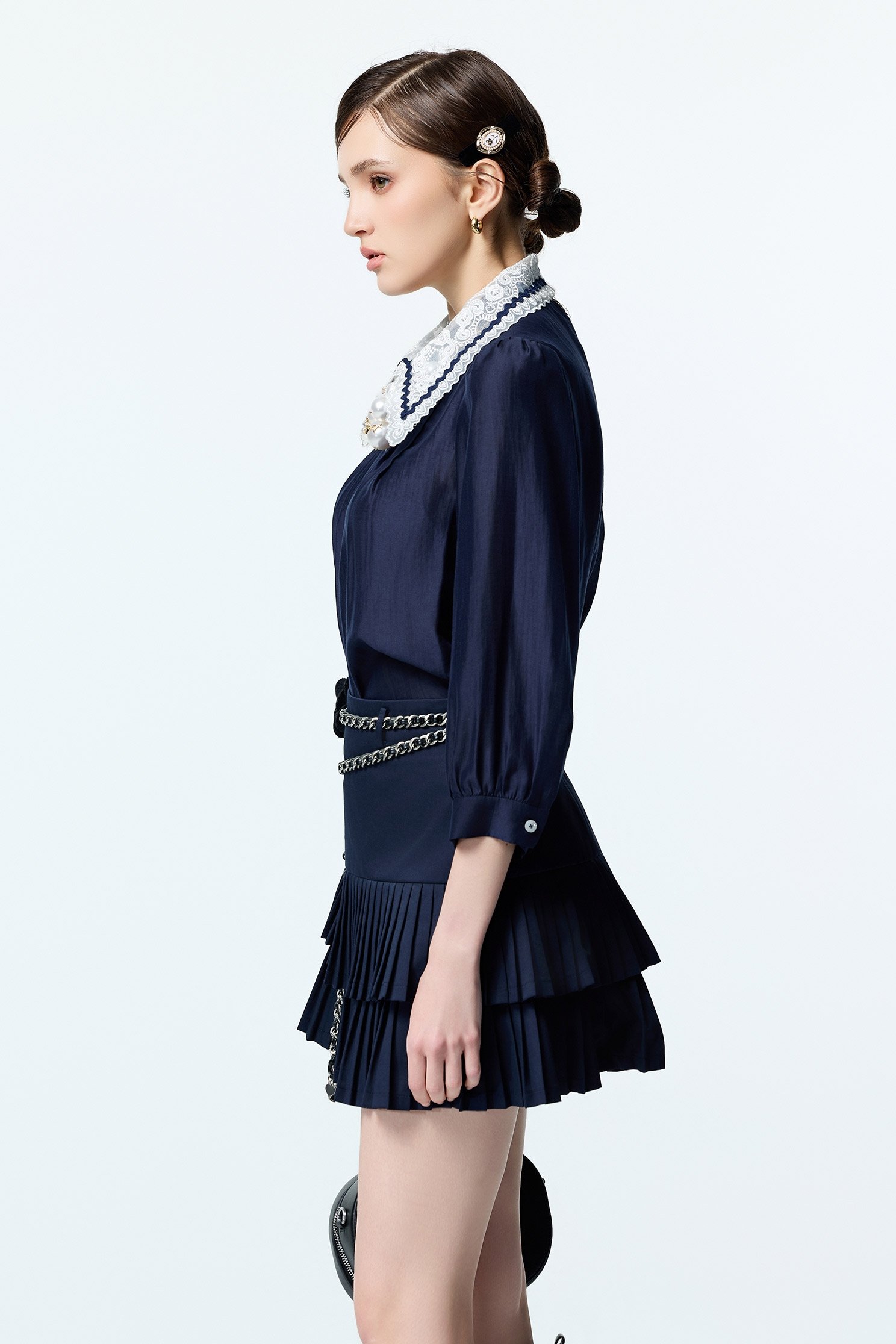 Navy Blouse With Contrast Lace Collar DetailNavy Blouse With Contrast Lace Collar Detail,Tops,Embroidered,Season (AW) Look,Blouses