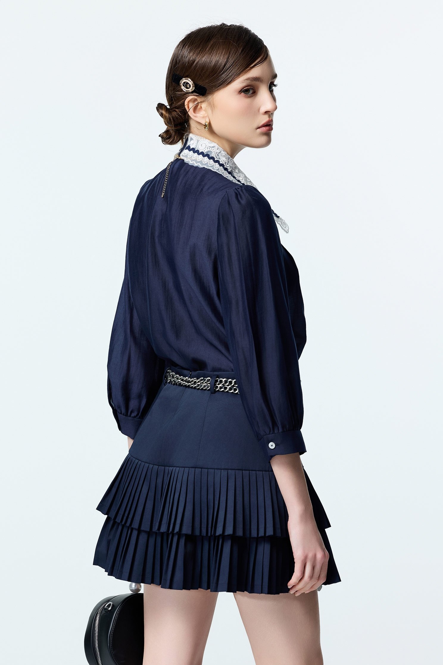Navy Blouse With Contrast Lace Collar DetailNavy Blouse With Contrast Lace Collar Detail,Tops,Embroidered,Season (AW) Look,Blouses