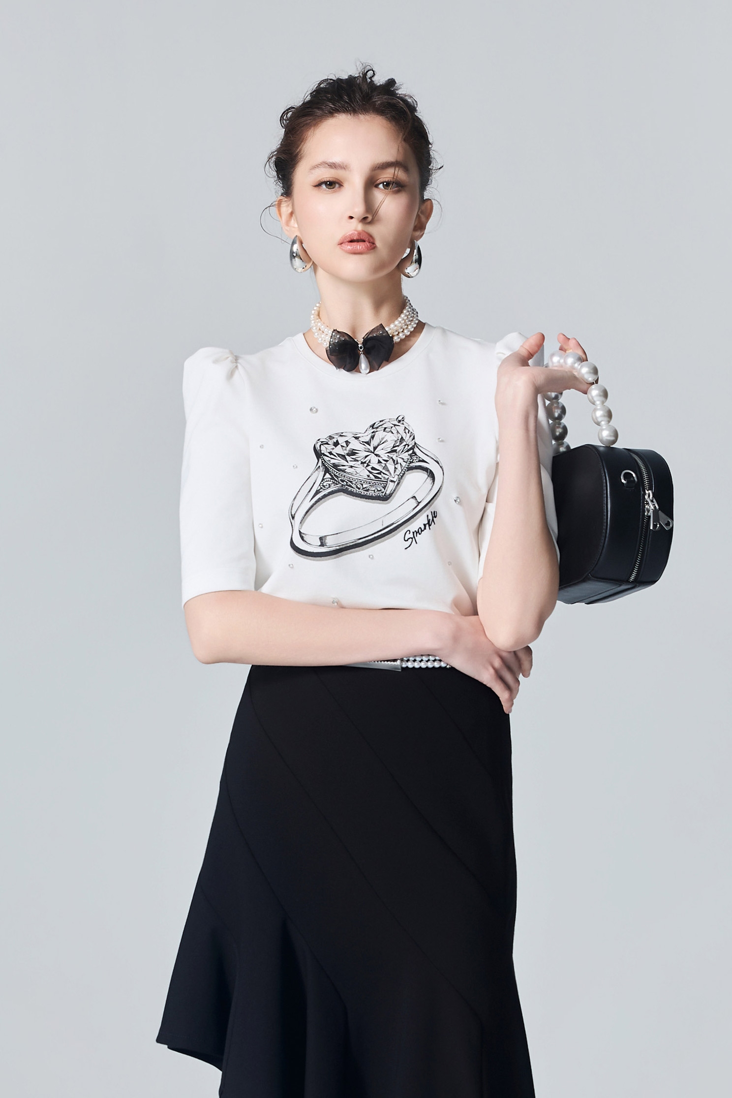 Diamond Ring Graphic Puff Sleeve TeeDiamond Ring Graphic Puff Sleeve Tee,Tops,White tops,Season (AW) Look