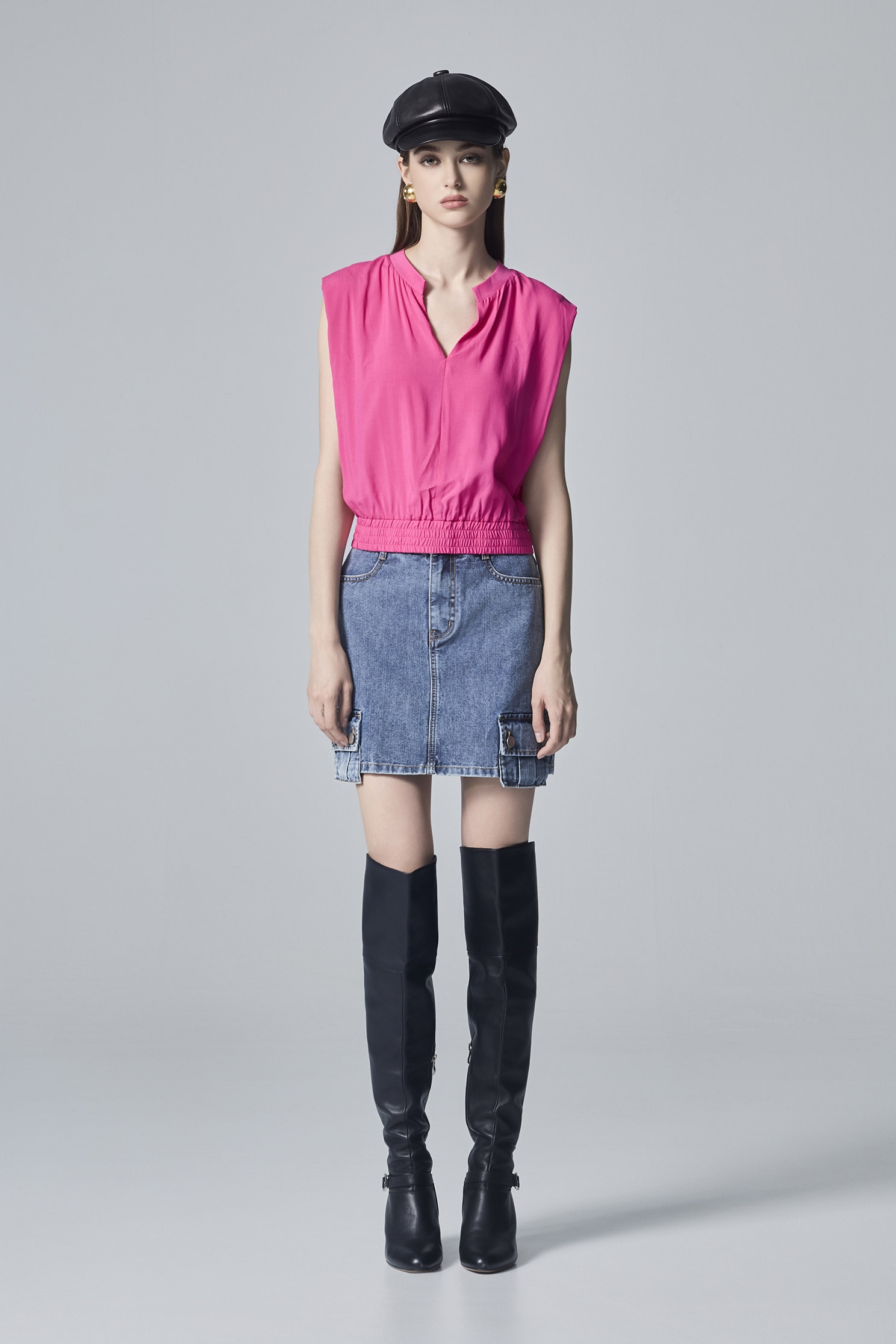 Deep Pink Pleated Elastic Hem VestDeep Pink Pleated Elastic Hem Vest,Tops,Rayon,Season (SS) Look
