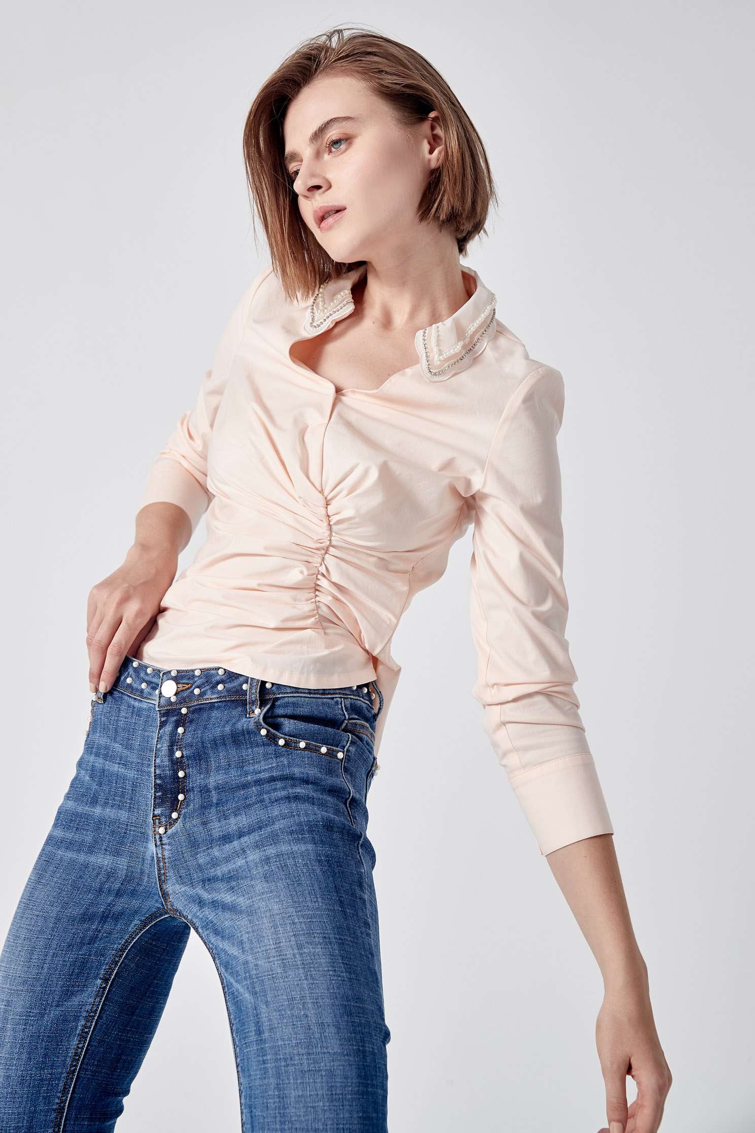 Front Gather Detail V-neck BlouseCreased effect V-neck top,V-Neck T shirts,Tops,Season (AW) Look,Pink