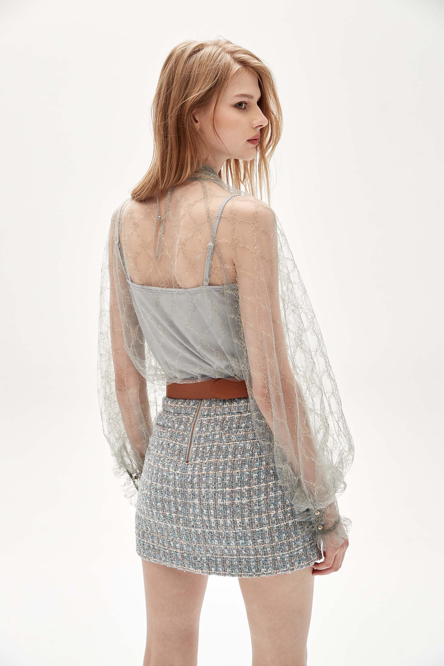 Grey Ribbon Bow Collar Lace TopLight retro metallic gold tulle top,Tops,Under shirts,Embroidered,Party Looks,Season (AW) Look,Valentine,Mesh fabric,Lace tops